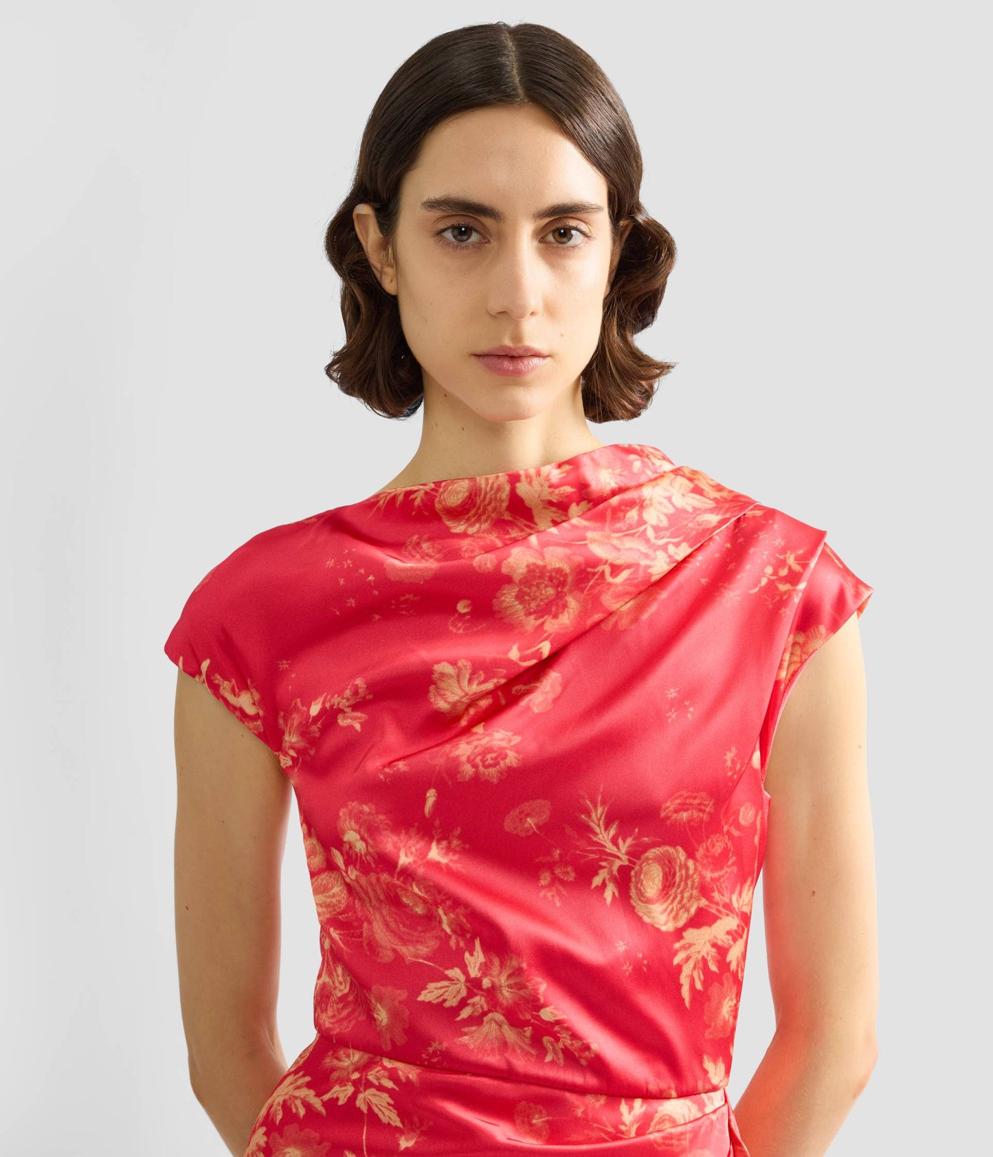 Floral Print Duchess Draped Gown