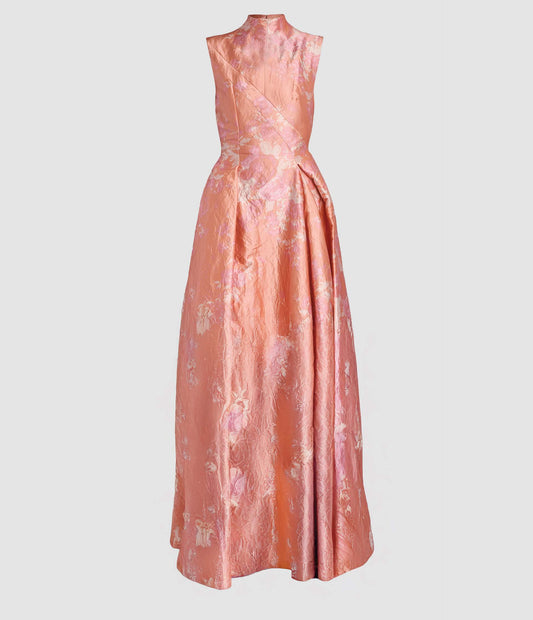 Floral Print Textured Satin Hourglass Gown