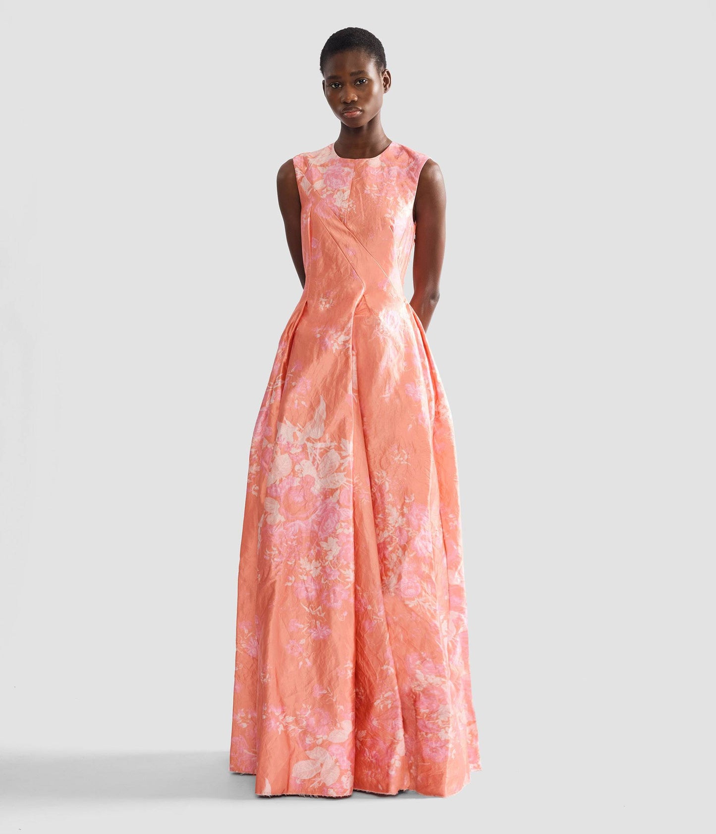 Floral Print Textured Satin Hourglass Gown