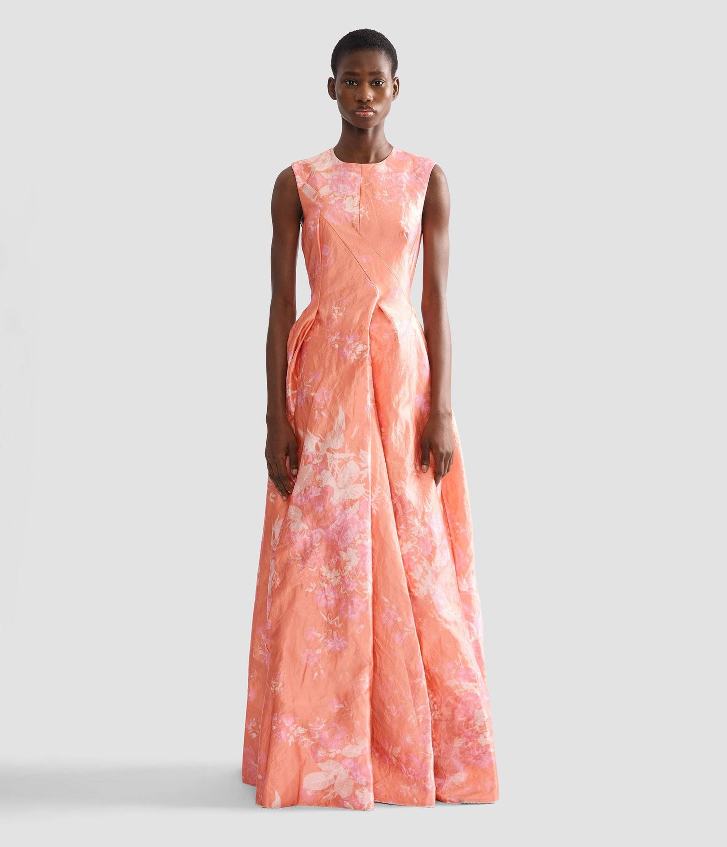 Floral Print Textured Satin Hourglass Gown