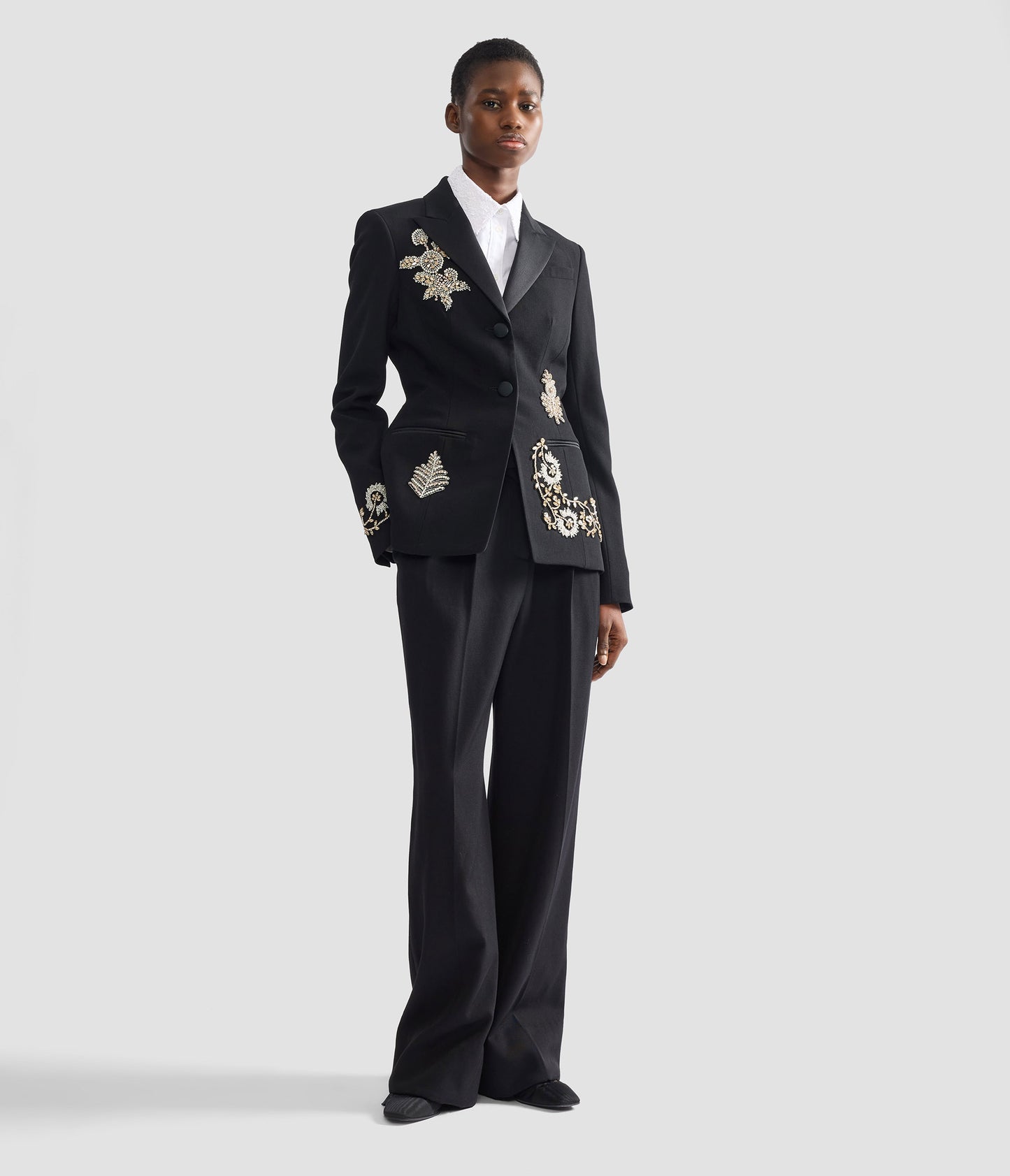 Embroidered Grain De Poudre Single Breasted Blazer