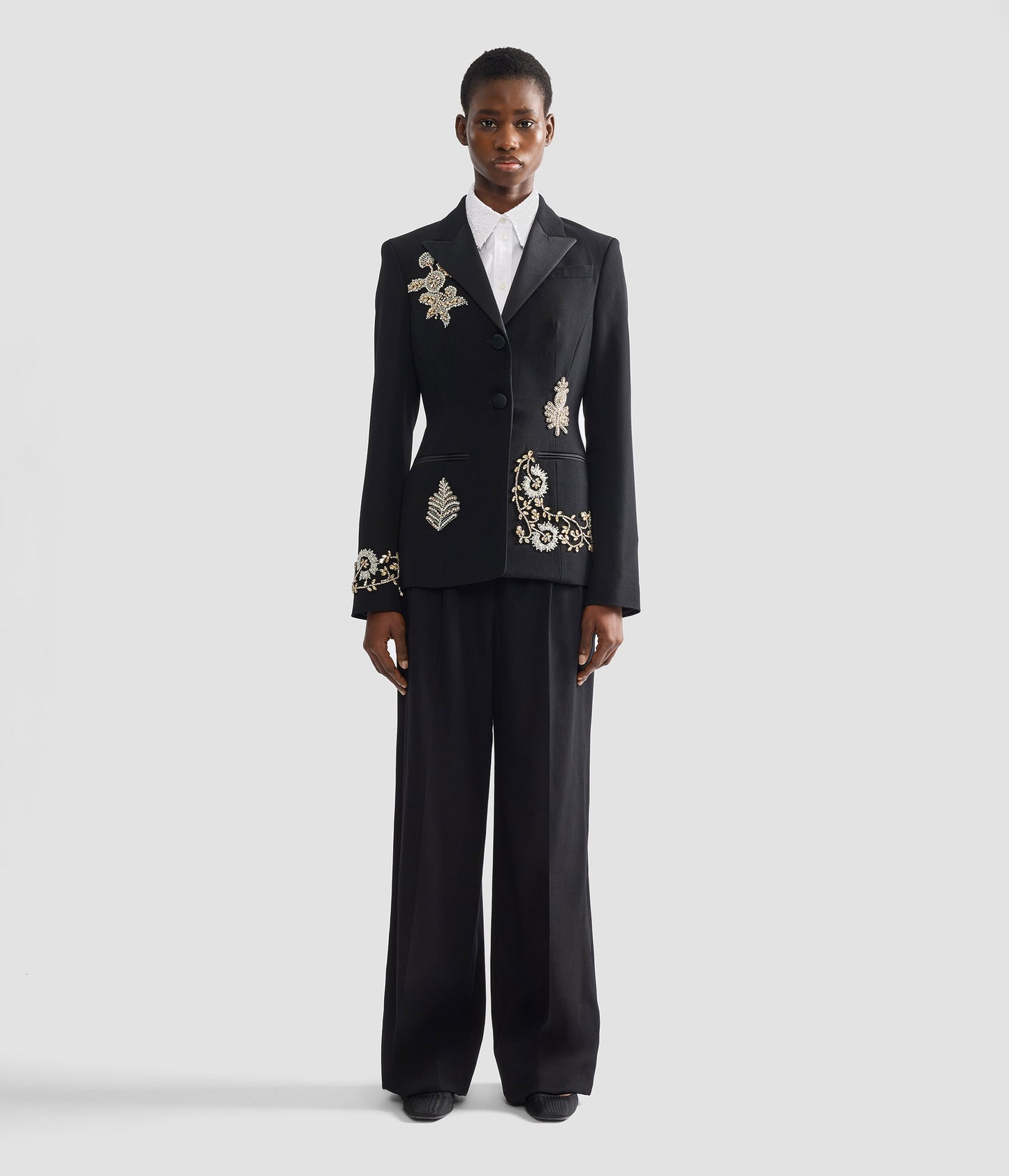 Embroidered Grain De Poudre Single Breasted Blazer