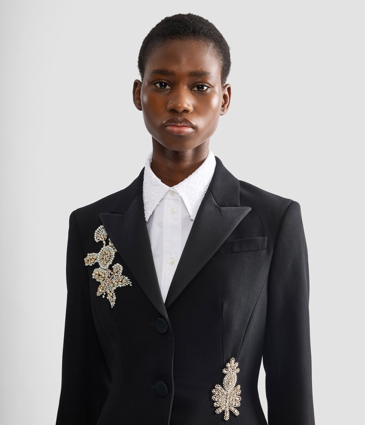 Embroidered Grain De Poudre Single Breasted Blazer