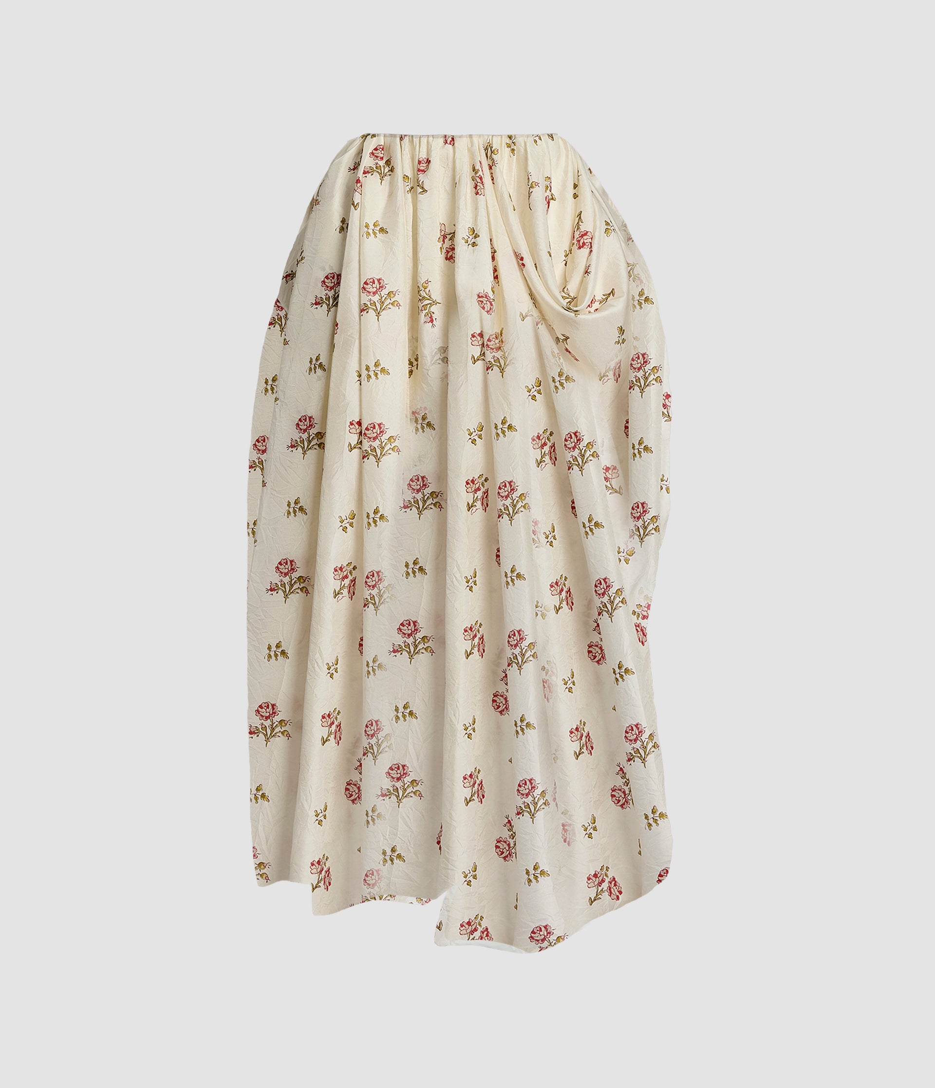 Floral Print Silk Draped Midi Skirt