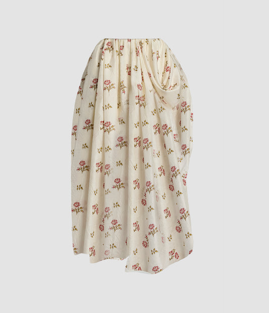 Floral Print Silk Draped Midi Skirt