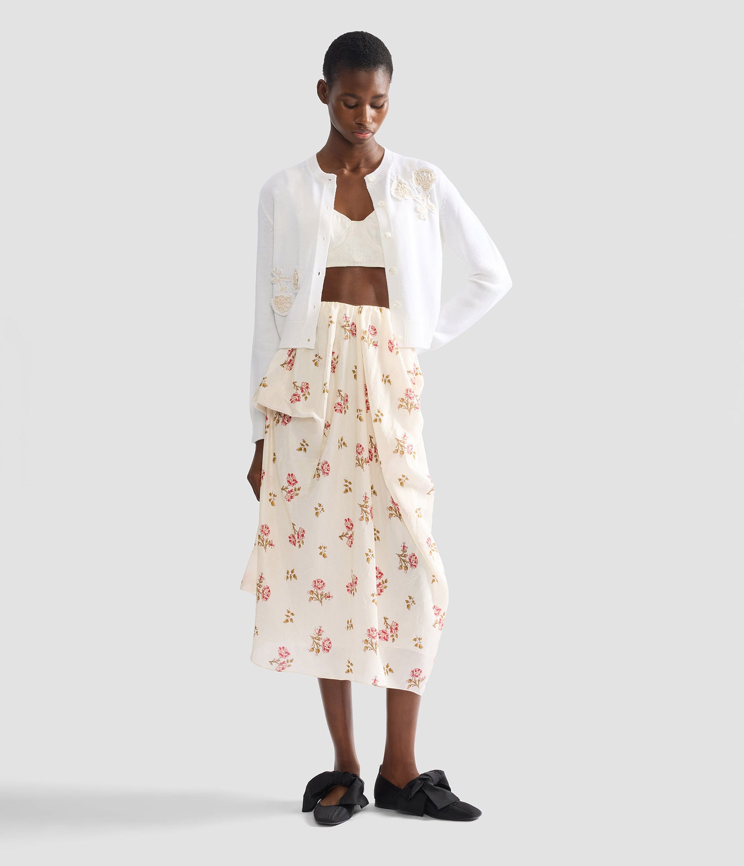 Floral Print Silk Draped Midi Skirt