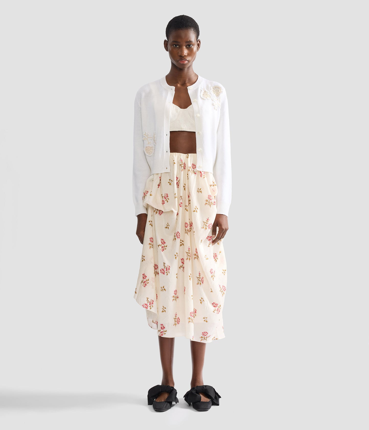 Floral Print Silk Draped Midi Skirt