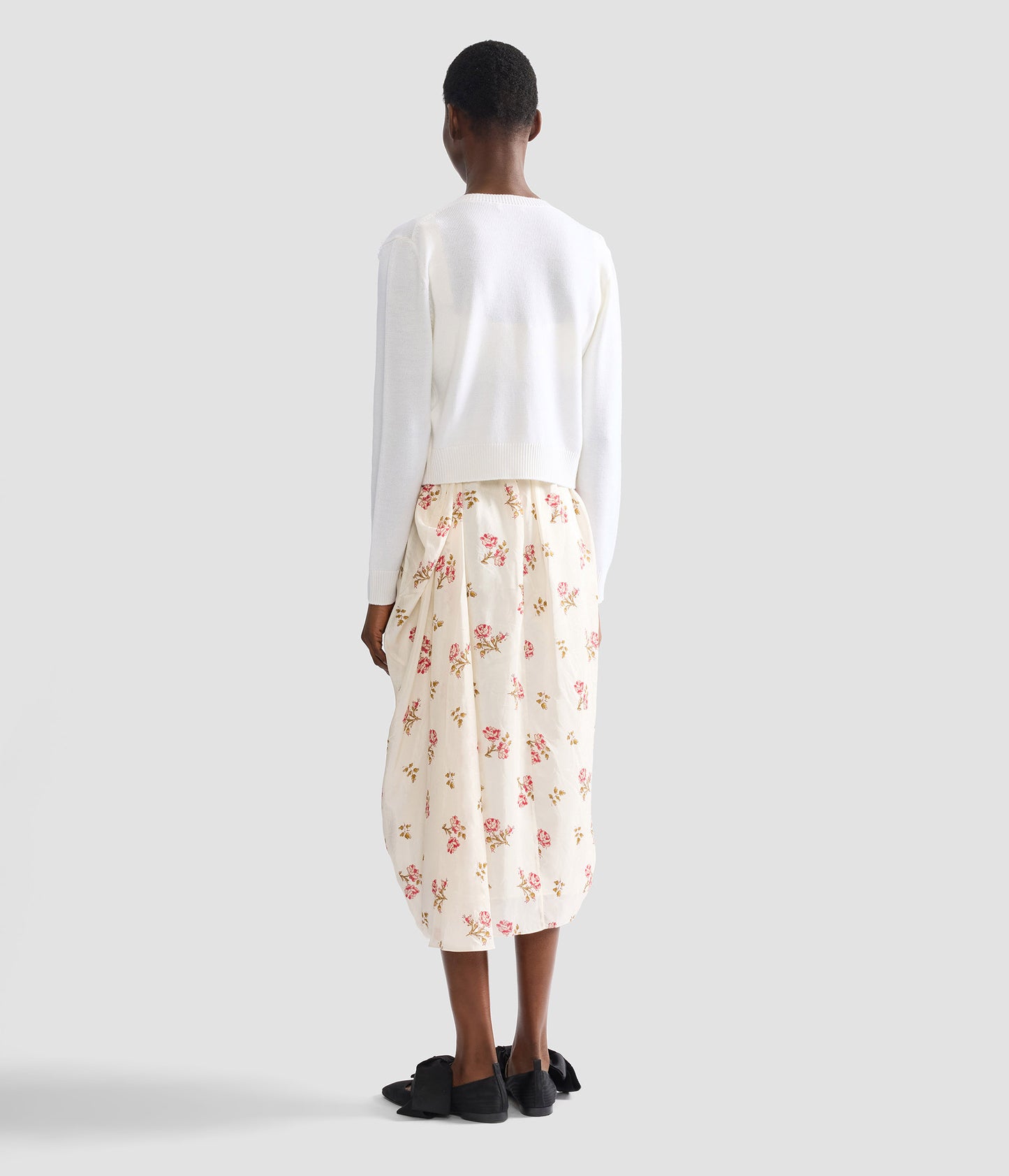 Floral Print Silk Draped Midi Skirt