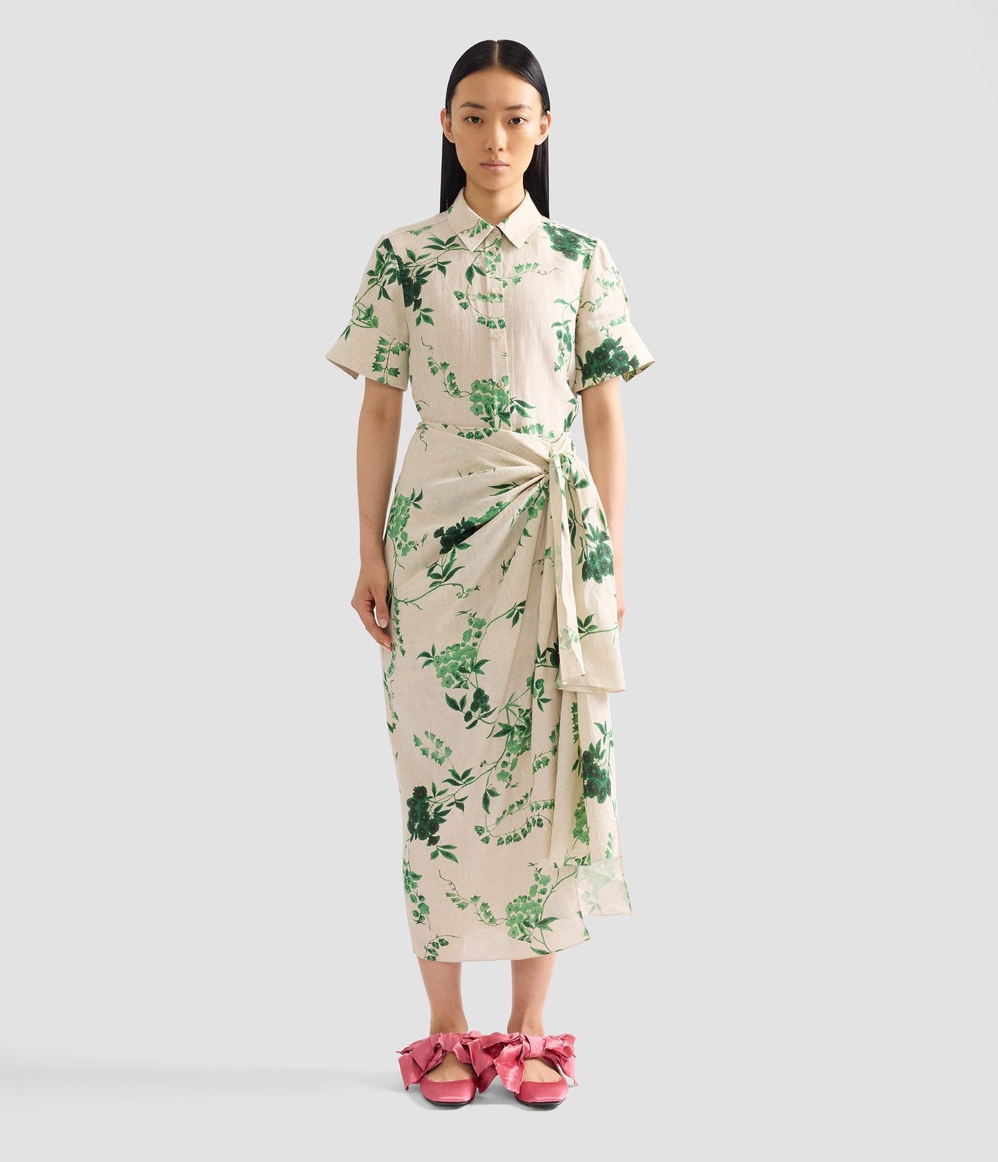 Floral Print Linen Drape Midi Skirt