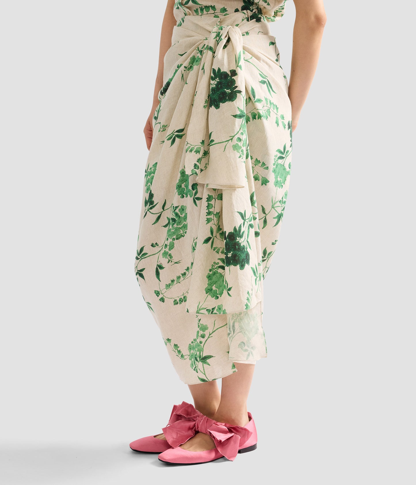 Floral Print Linen Drape Midi Skirt