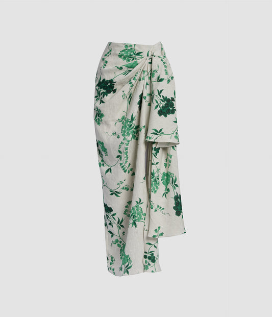 Floral Print Linen Drape Midi Skirt