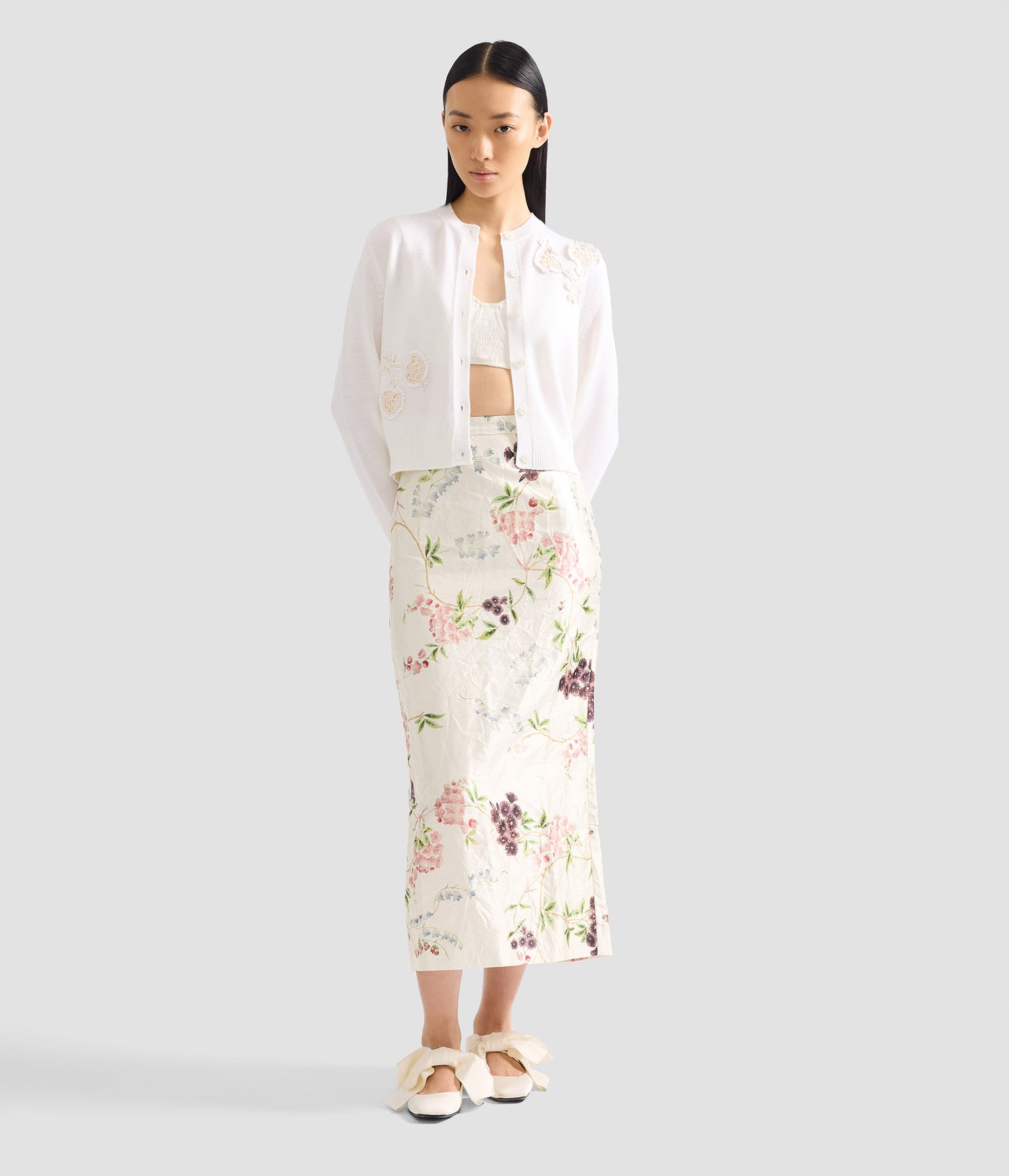 Textured Satin Midi Pencil Skirt
