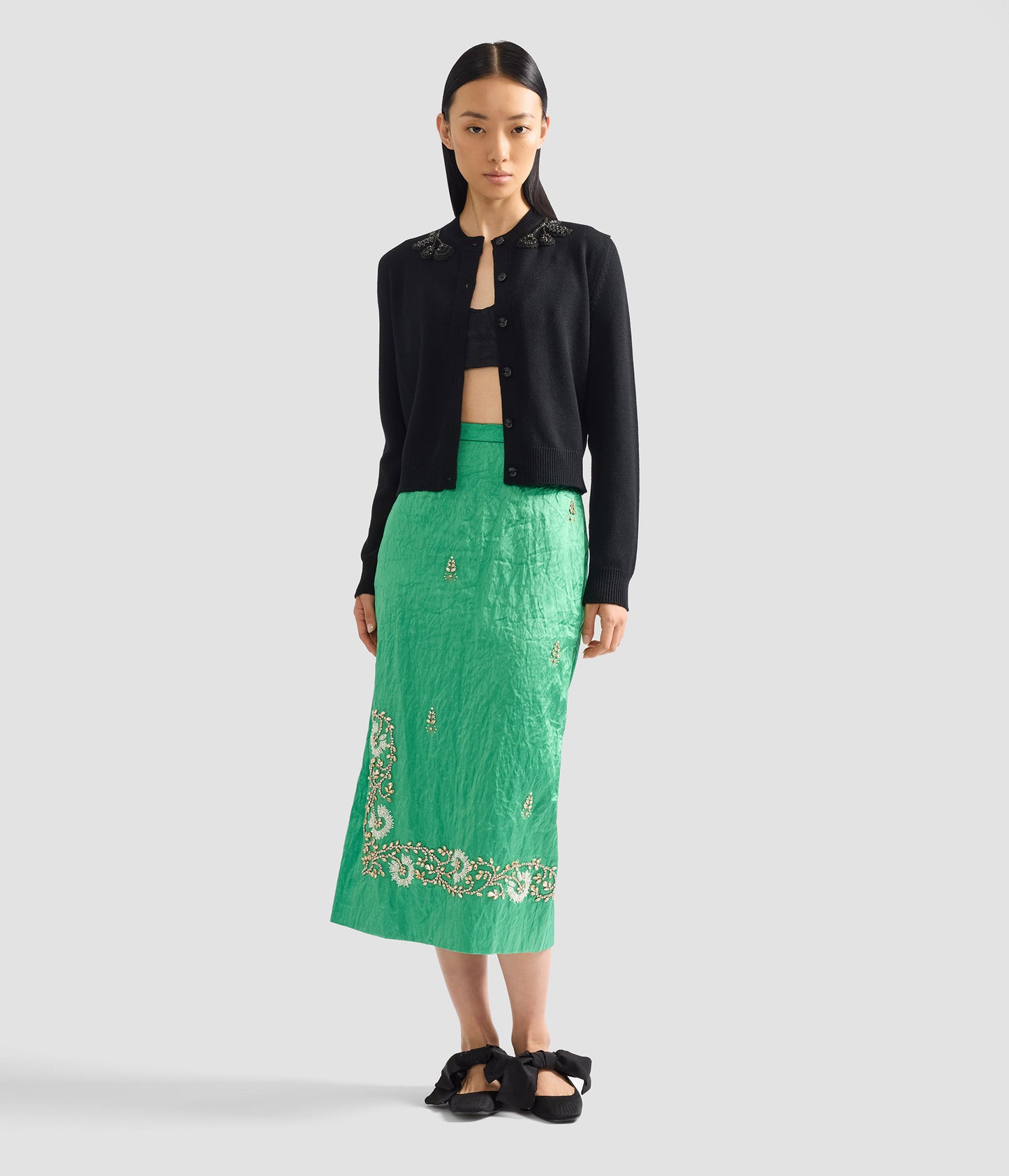 Embellished Textured Satin Midi Pencil Skirt