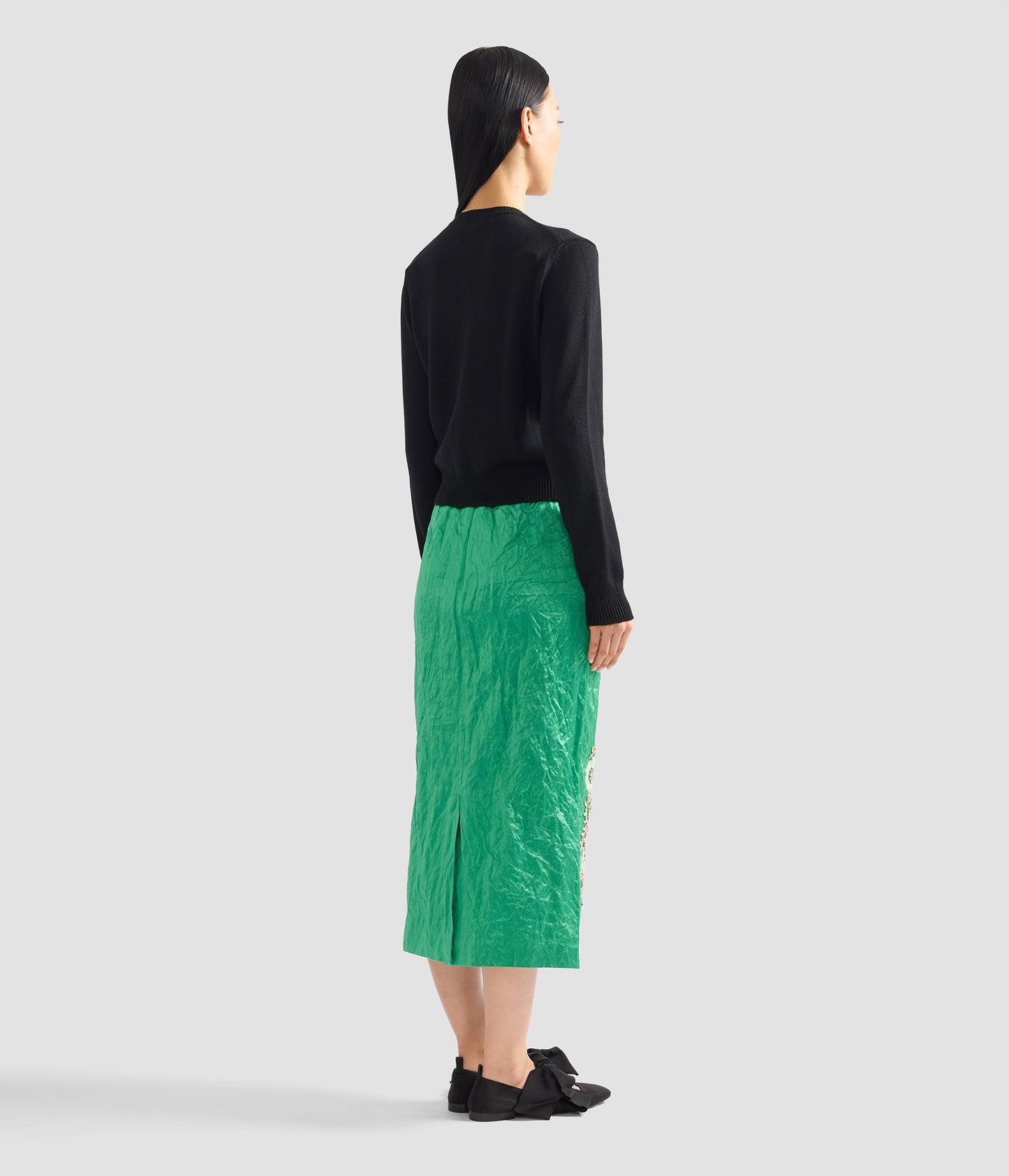 Embellished Textured Satin Midi Pencil Skirt