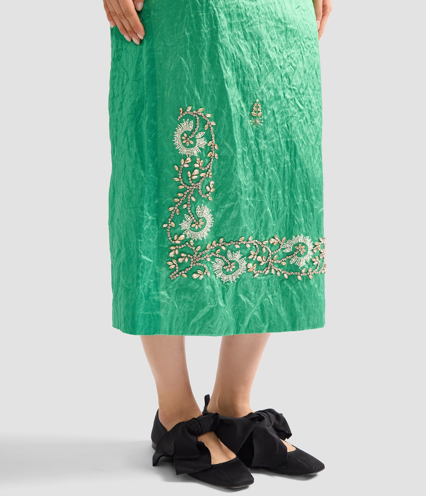 Embellished Textured Satin Midi Pencil Skirt