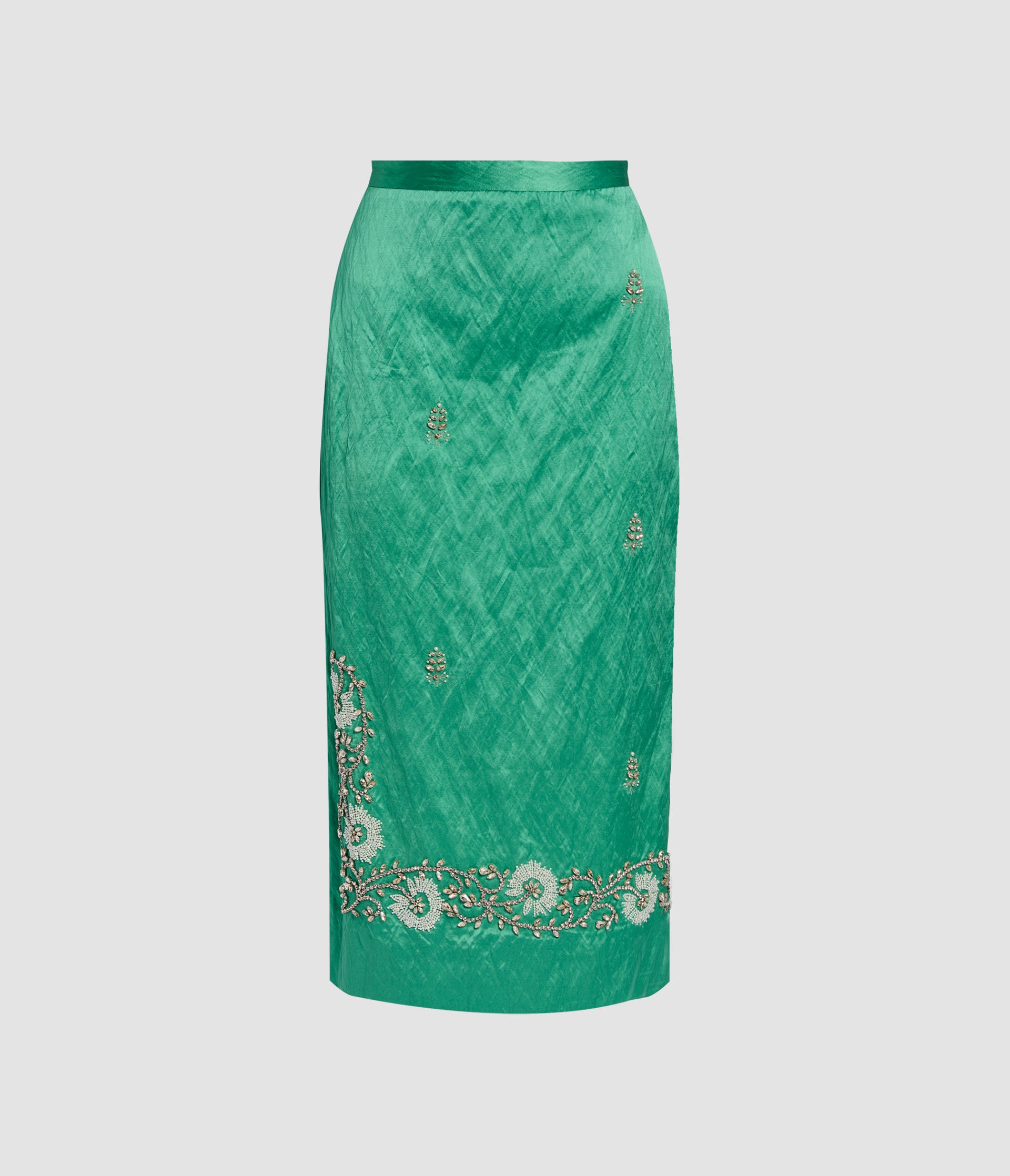 Embellished Textured Satin Midi Pencil Skirt