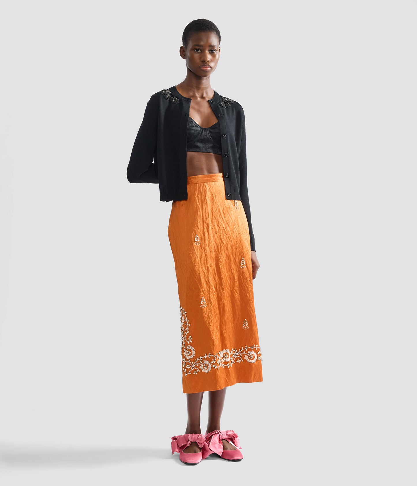 Embellished Textured Satin Midi Pencil Skirt