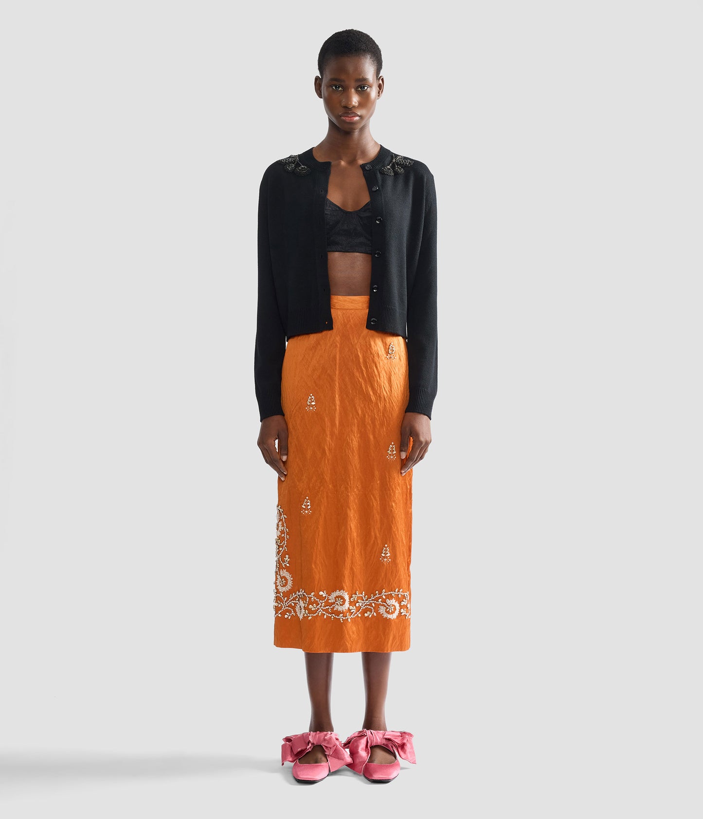 Embellished Textured Satin Midi Pencil Skirt