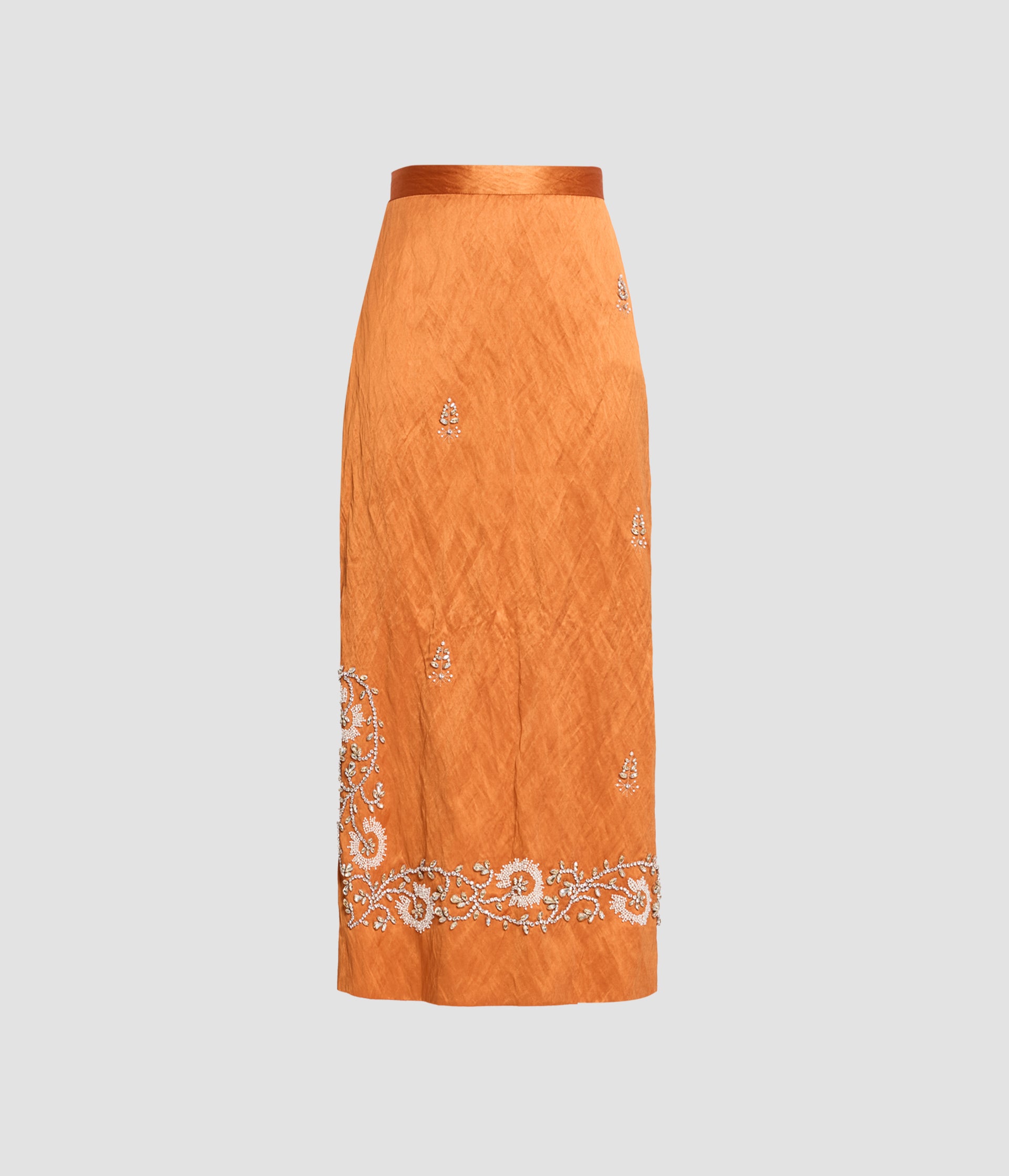 Embellished Textured Satin Midi Pencil Skirt