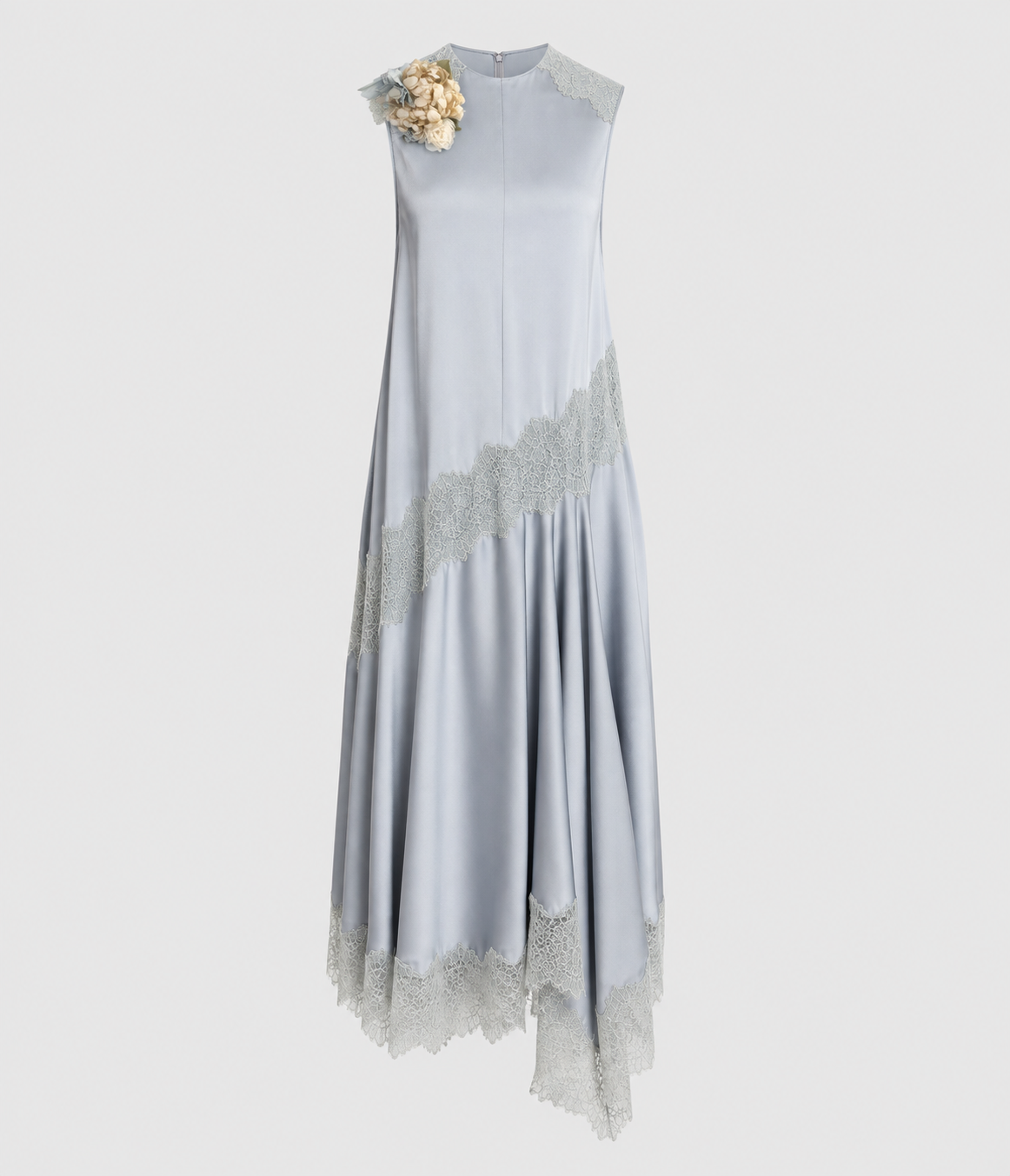 Floral Lace Satin Cady Sleeveless Midi Dress