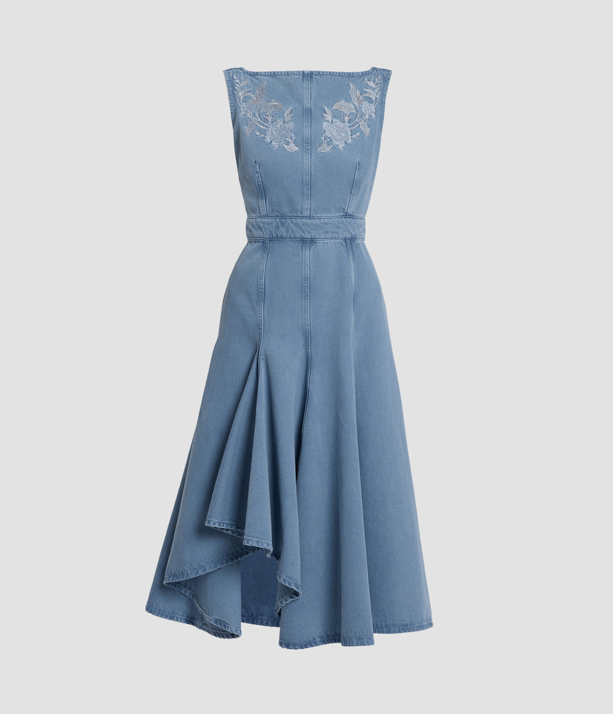 Embroidered Denim Flared Sleeveless Midi Dress