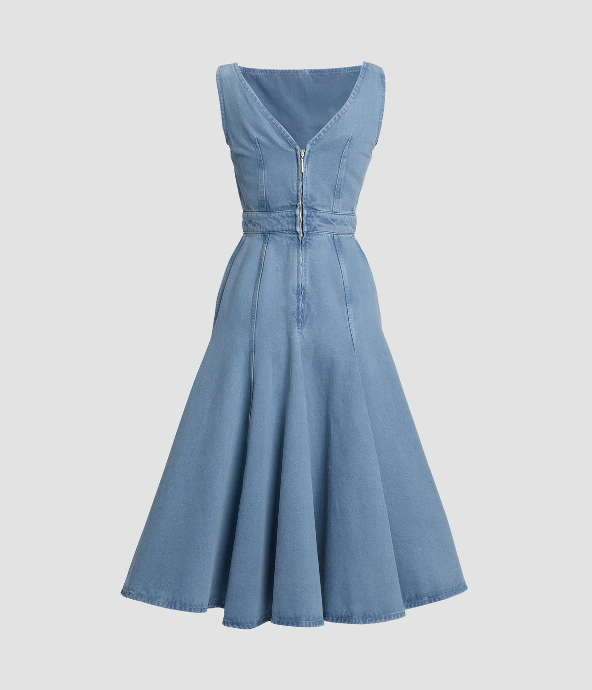 Embroidered Denim Flared Sleeveless Midi Dress