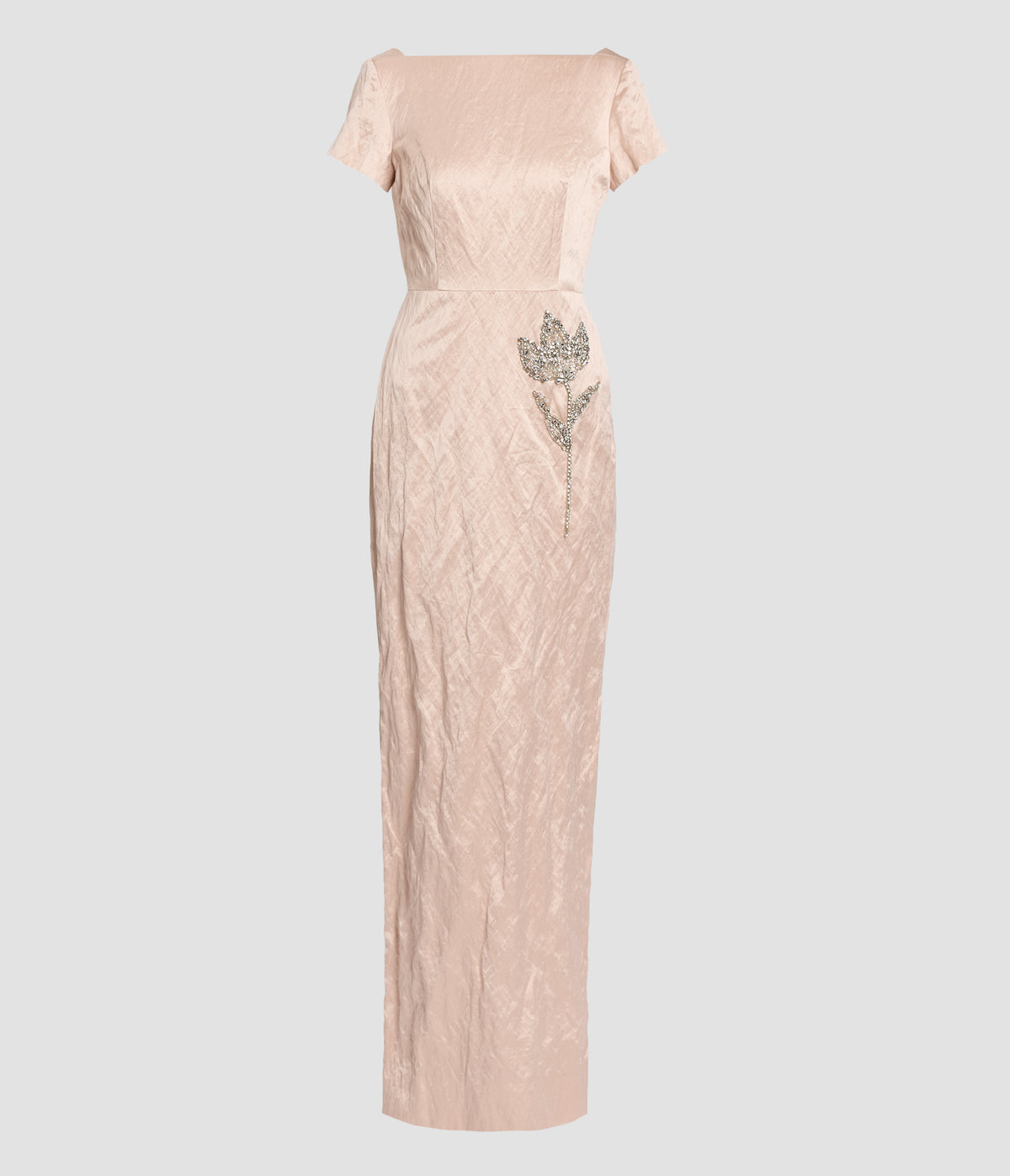 Embroidered Textured Satin Short Sleeve Gown