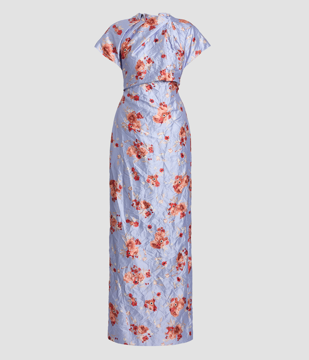 Floral Textured Satin Short Sleeve Gown