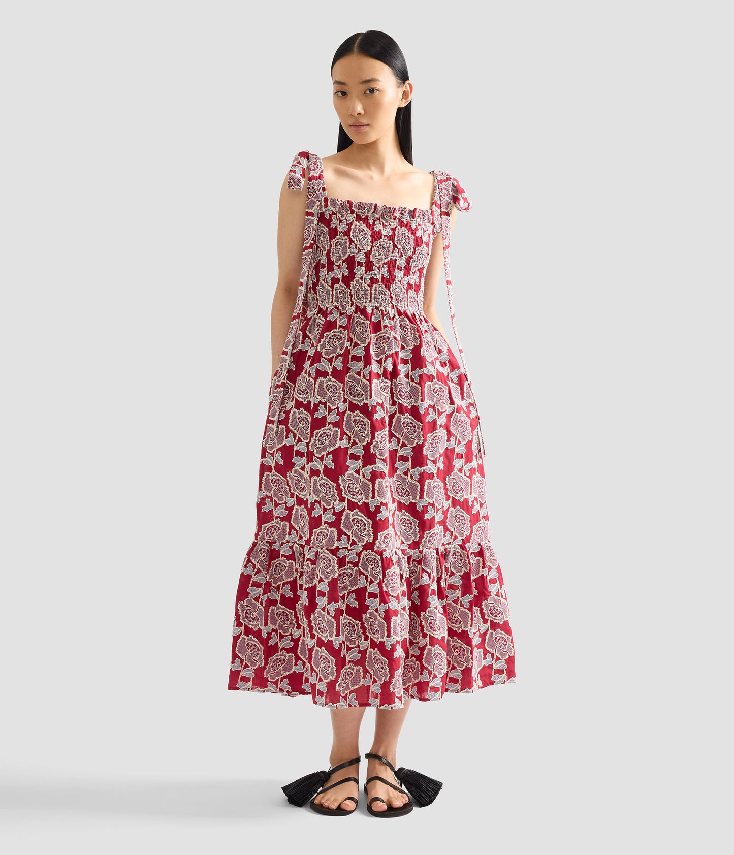 Floral Embroidered Cotton Sleeveless Midi Dress