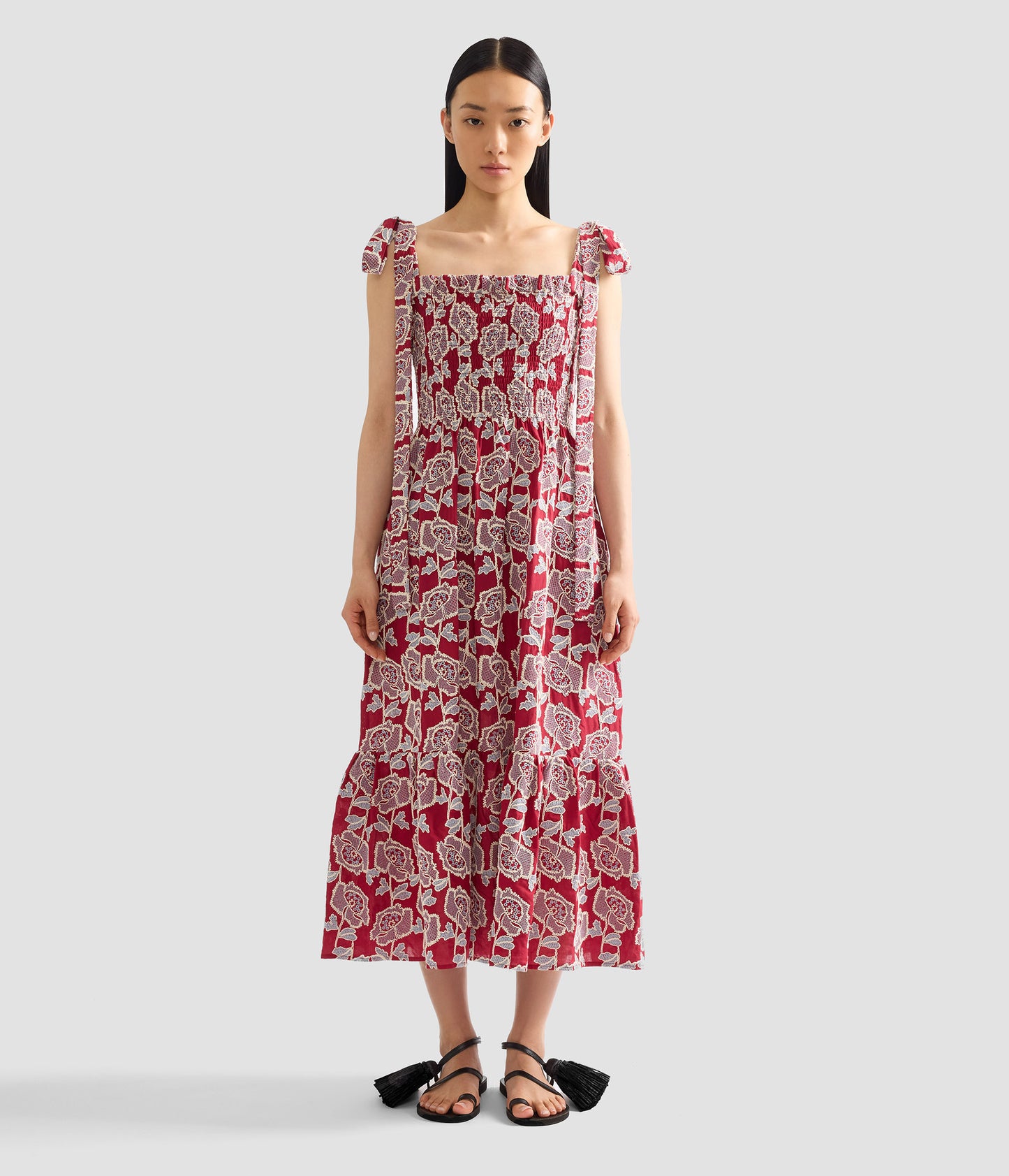 Floral Embroidered Cotton Sleeveless Midi Dress