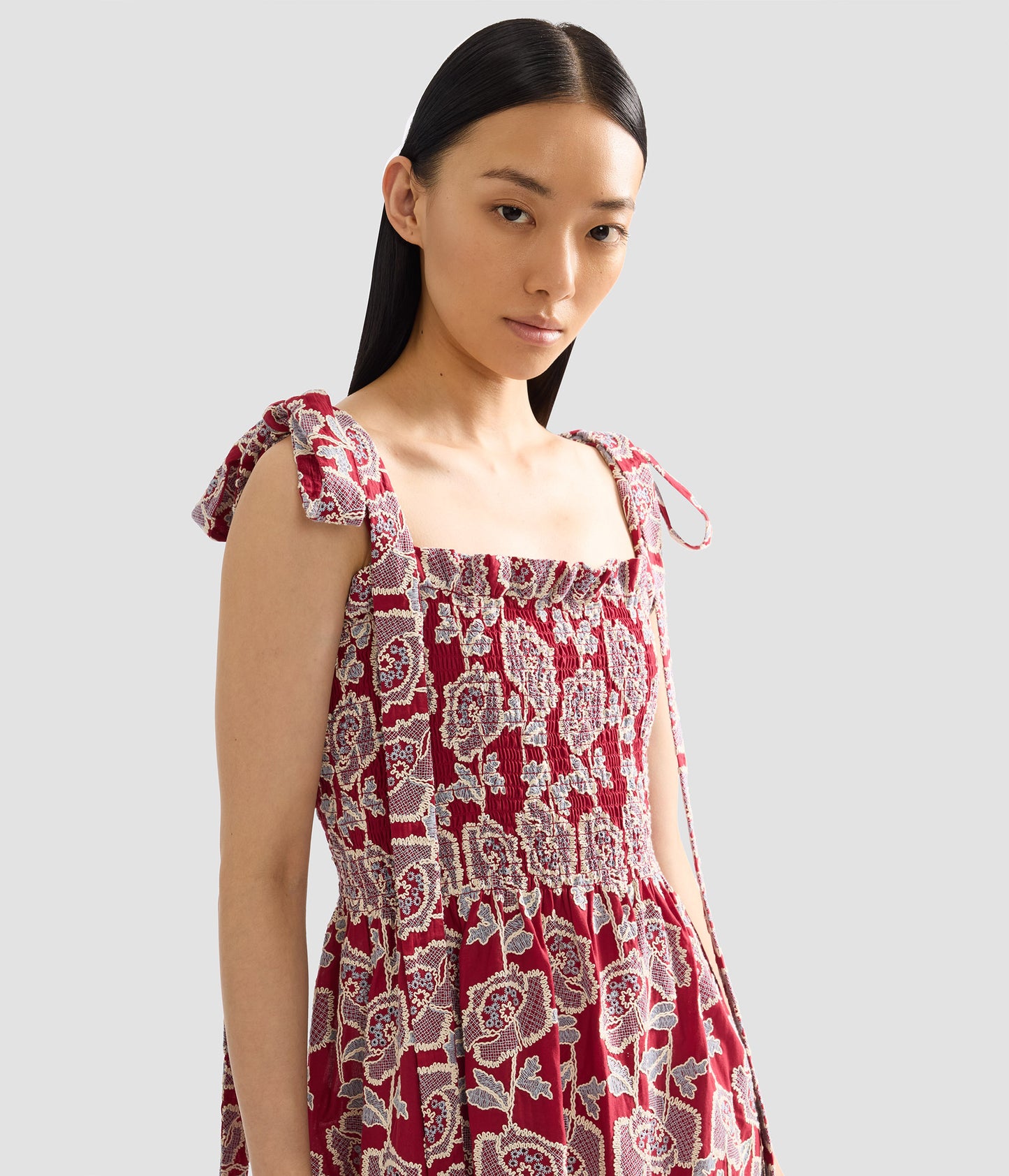 Floral Embroidered Cotton Sleeveless Midi Dress