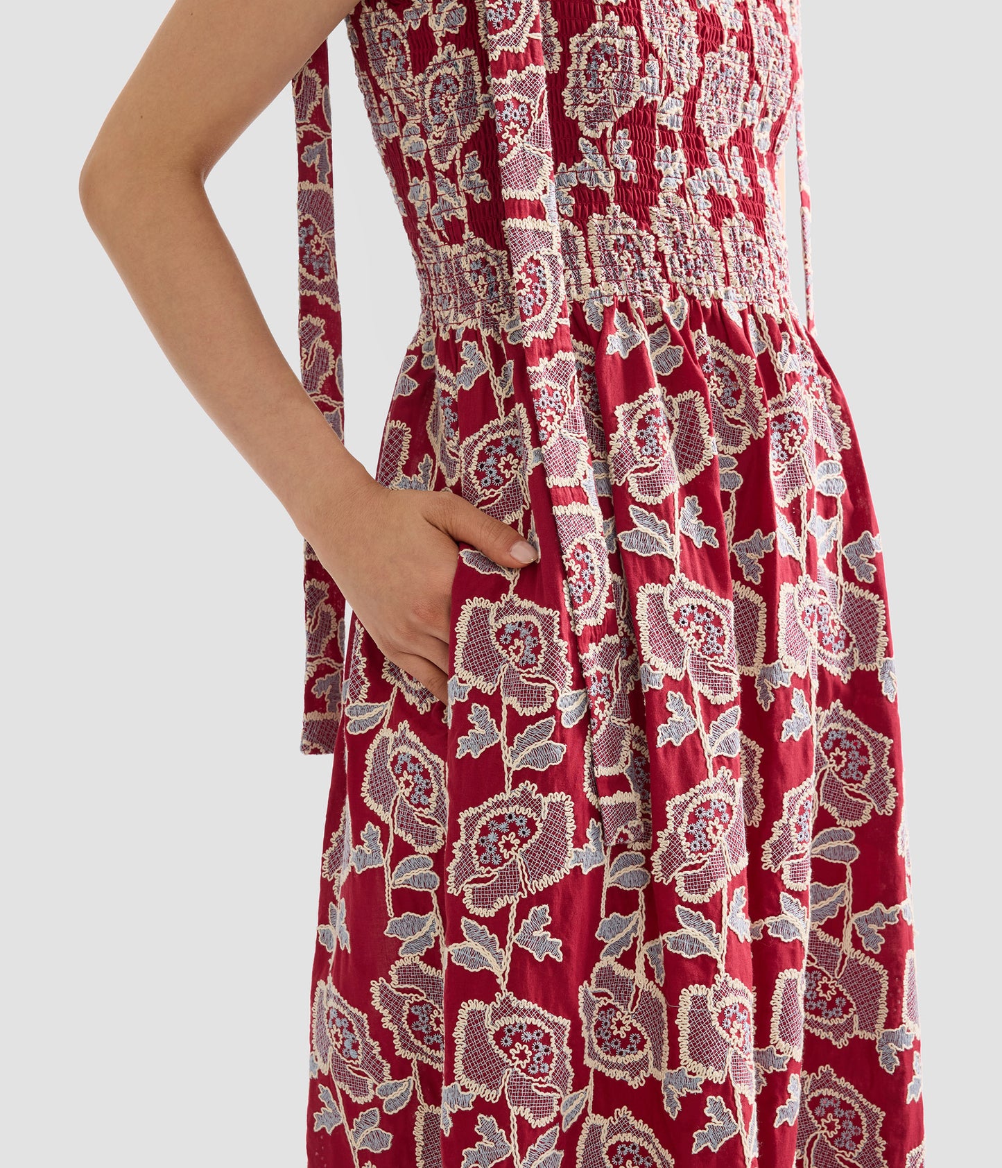 Floral Embroidered Cotton Sleeveless Midi Dress