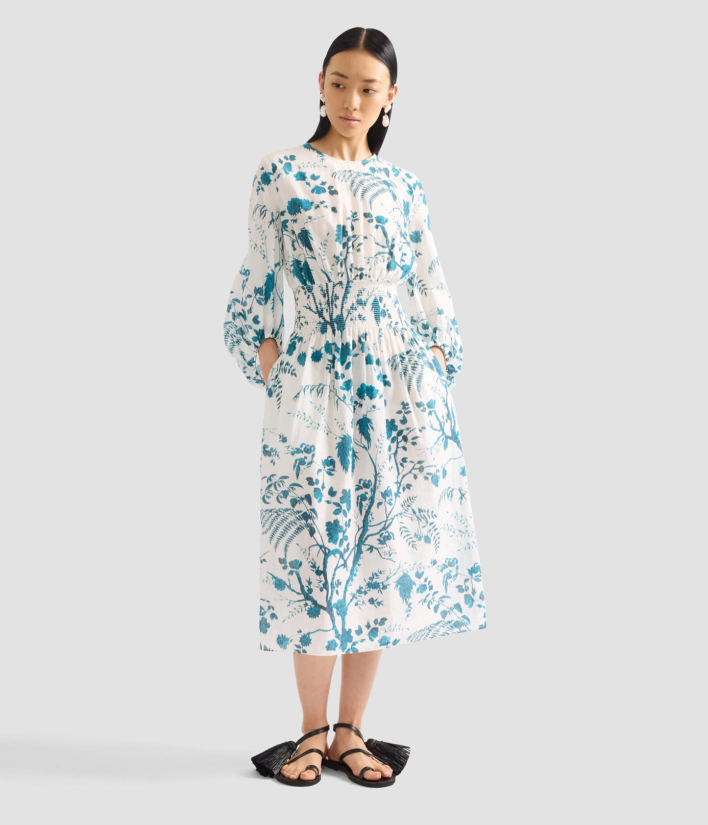 Botanical Print Cotton Linen Midi Dress