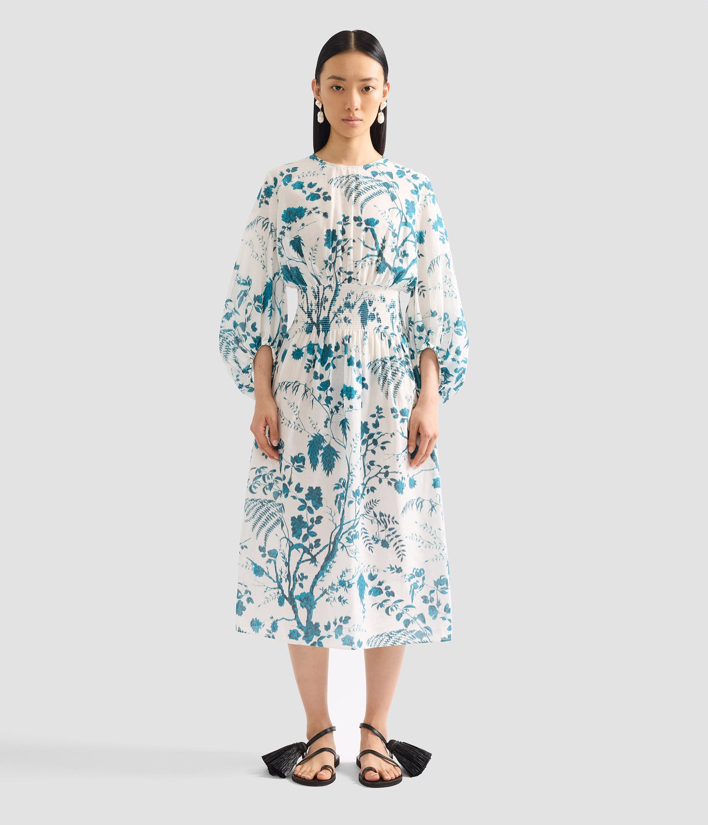 Botanical Print Cotton Linen Midi Dress