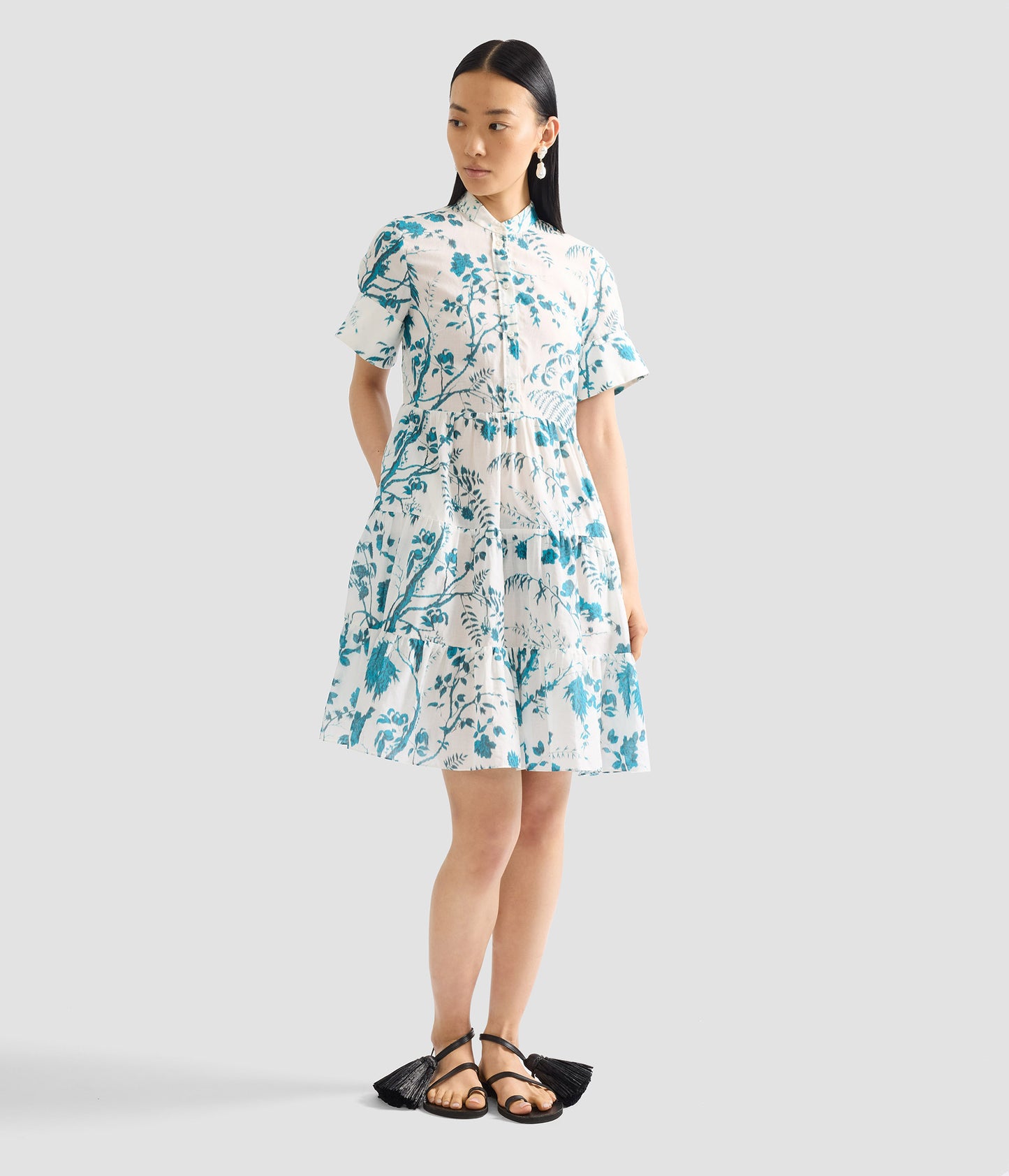 Botanical Print Cotton Linen Tiered Mini Dress