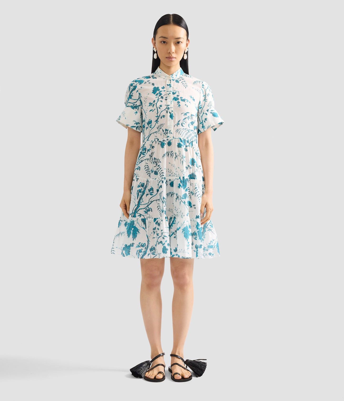Botanical Print Cotton Linen Tiered Mini Dress