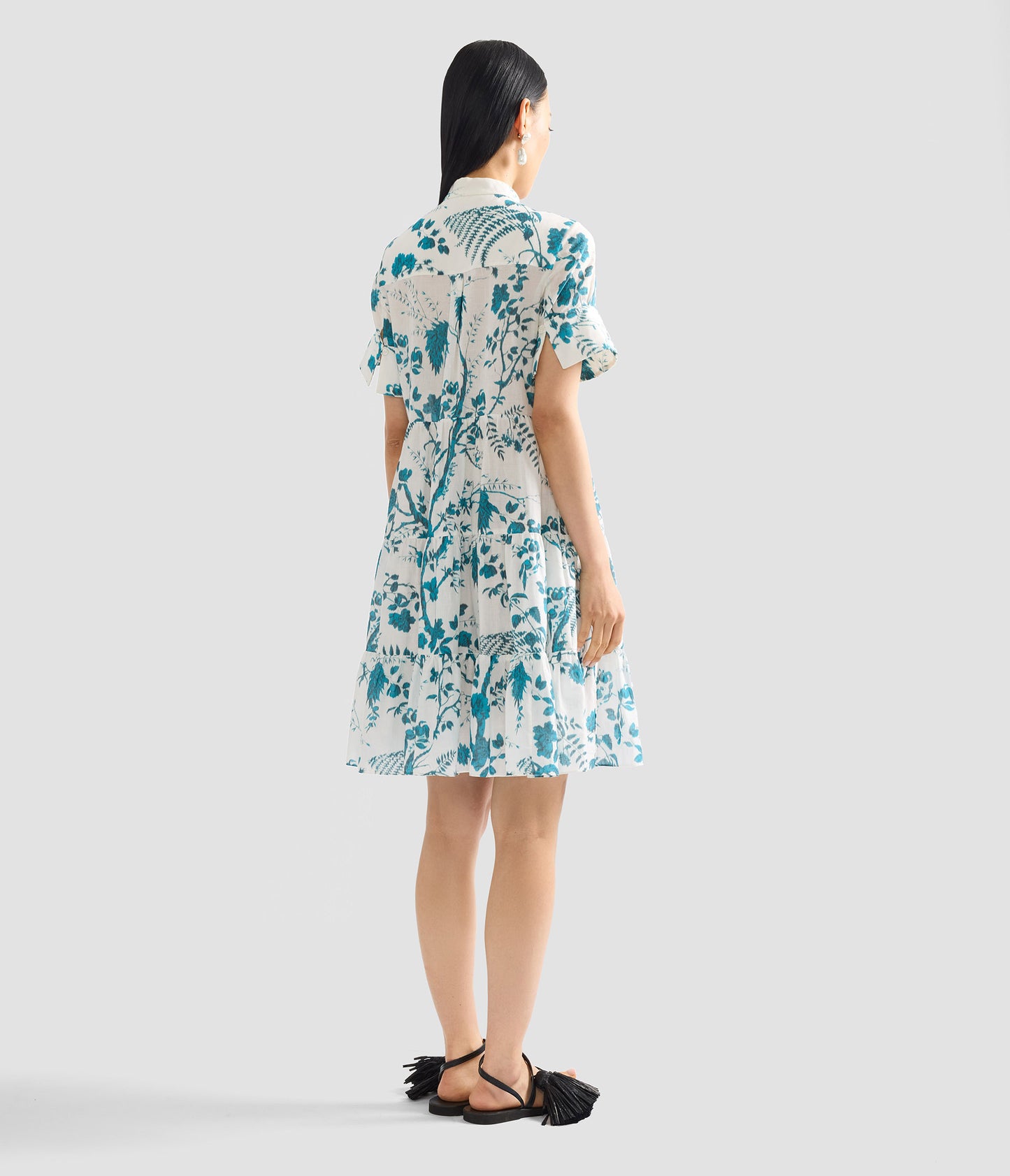 Botanical Print Cotton Linen Tiered Mini Dress