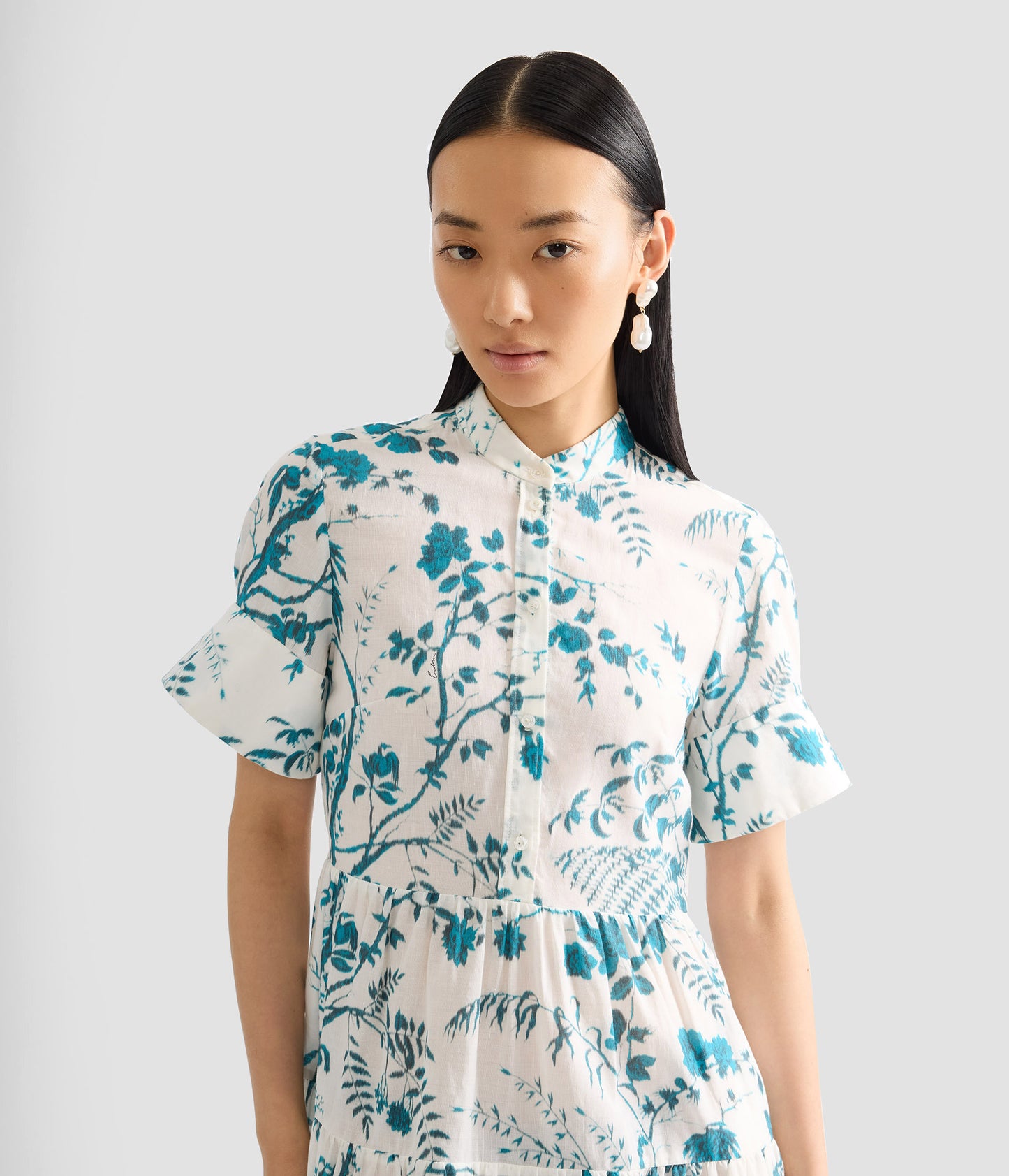 Botanical Print Cotton Linen Tiered Mini Dress