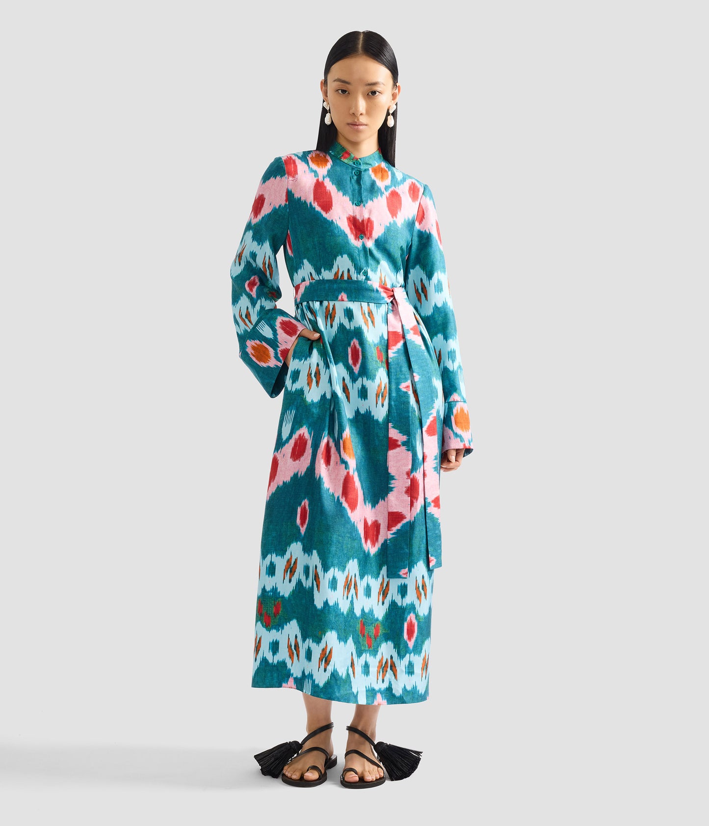 Ikat Print Silk Twill Midi Dress