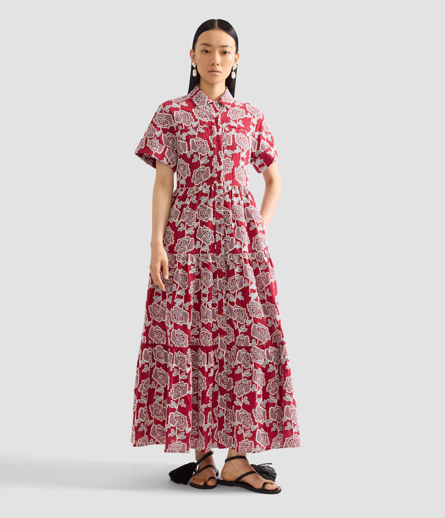 Floral Embroidered Tiered Midi Dress