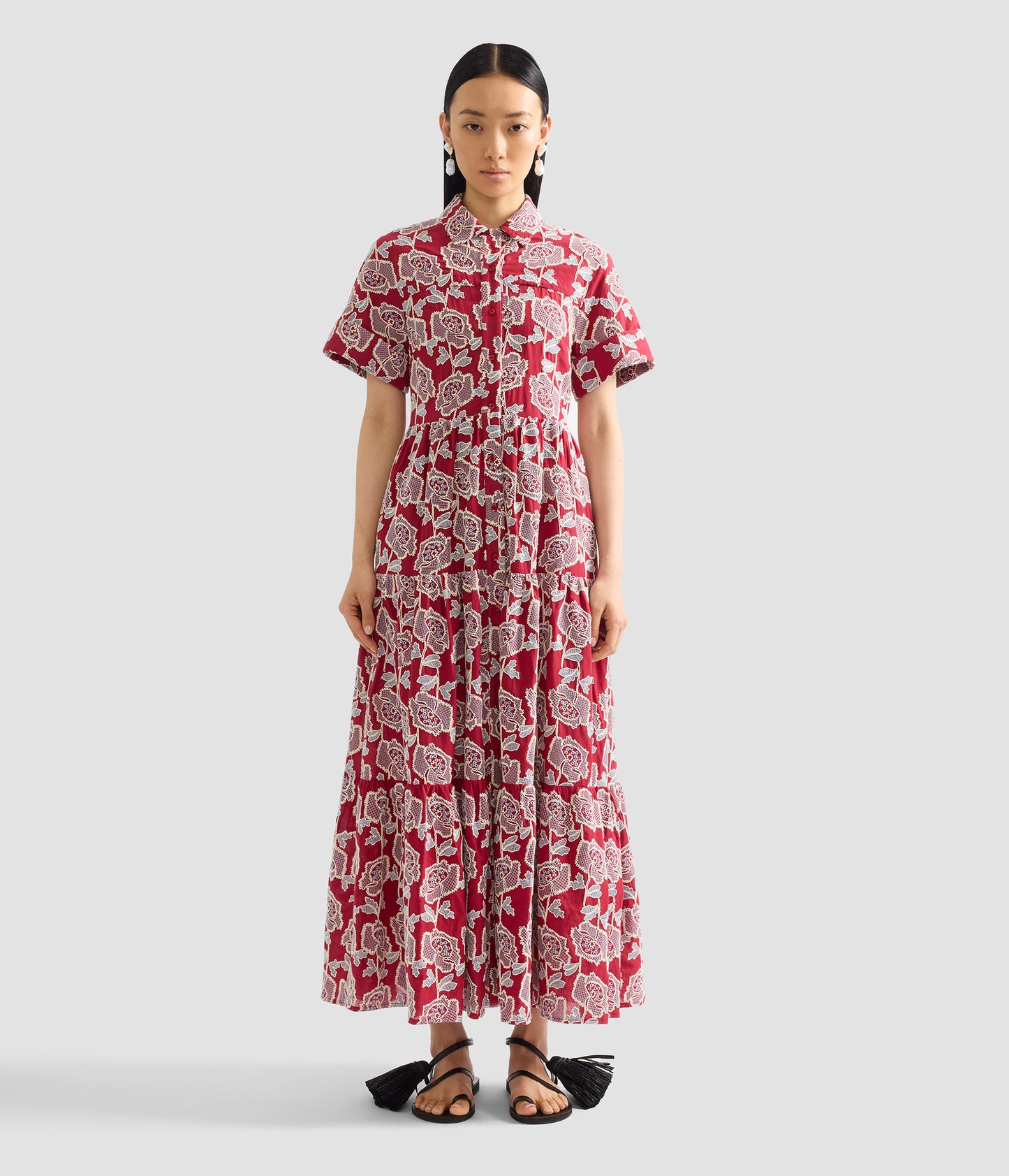 Floral Embroidered Tiered Midi Dress