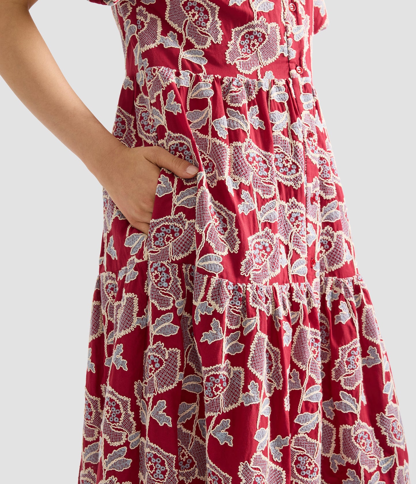 Floral Embroidered Tiered Midi Dress