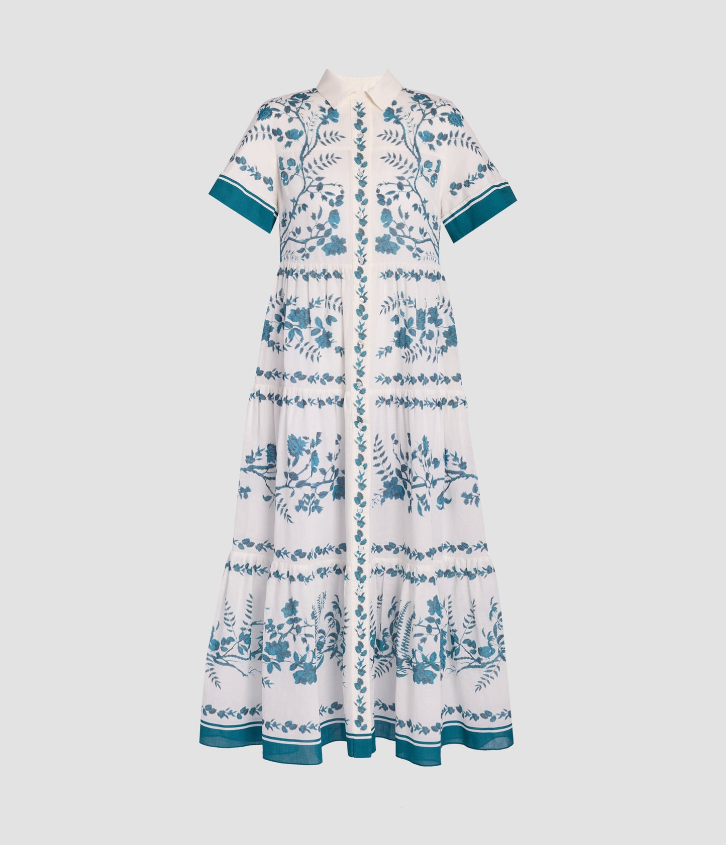 Botanical Print Cotton Linen Tiered Midi Shirt Dress