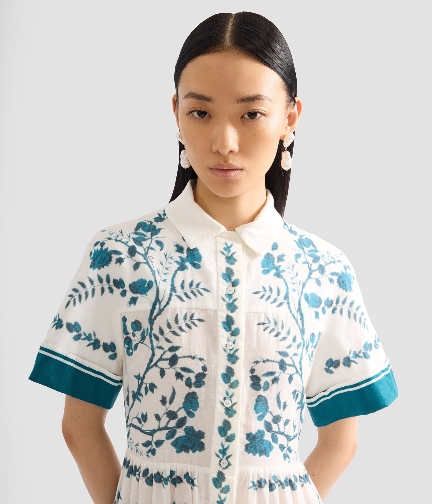 Botanical Print Cotton Linen Tiered Midi Shirt Dress