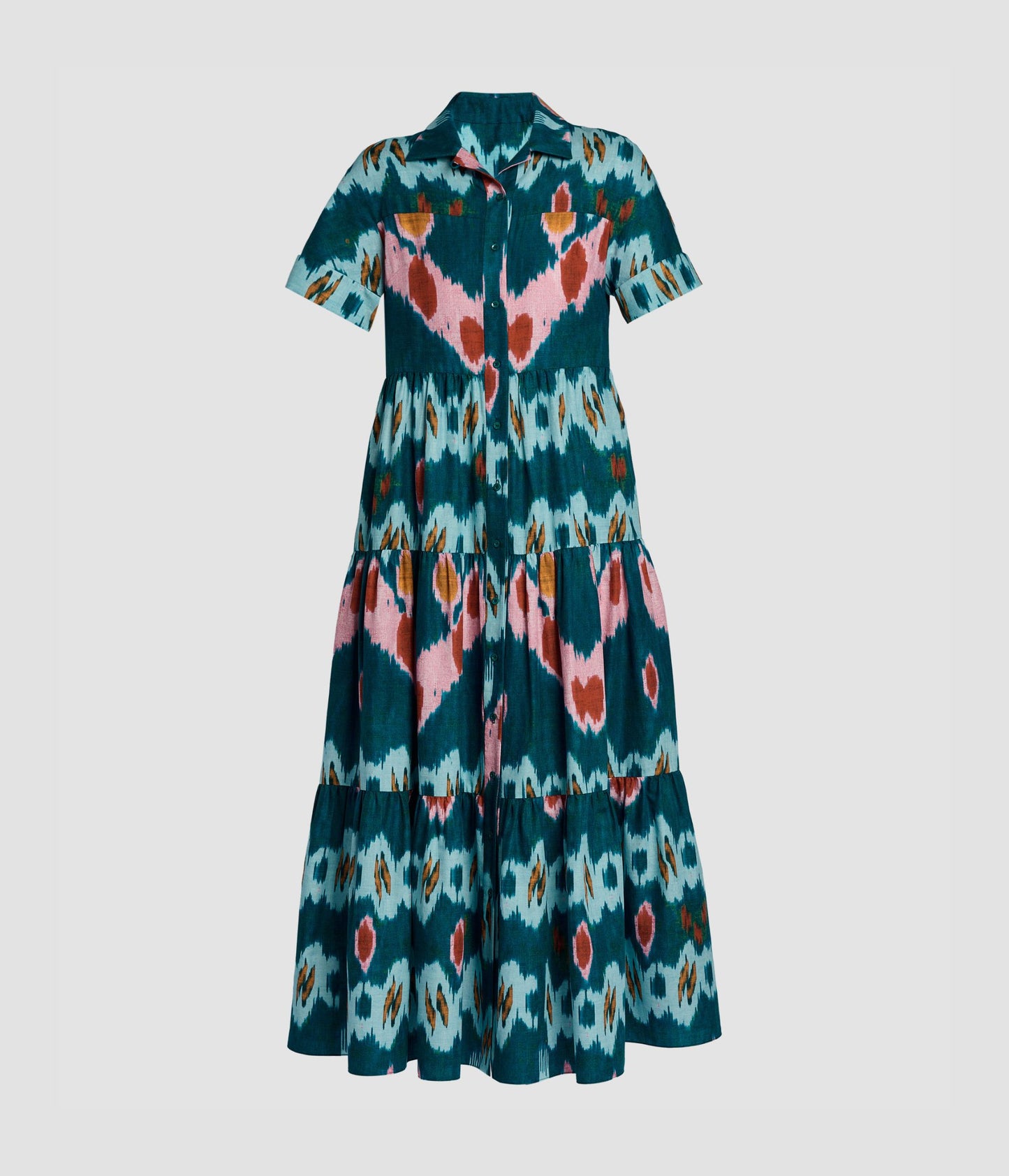 Ikat Print Cotton Tiered Midi Shirt Dress