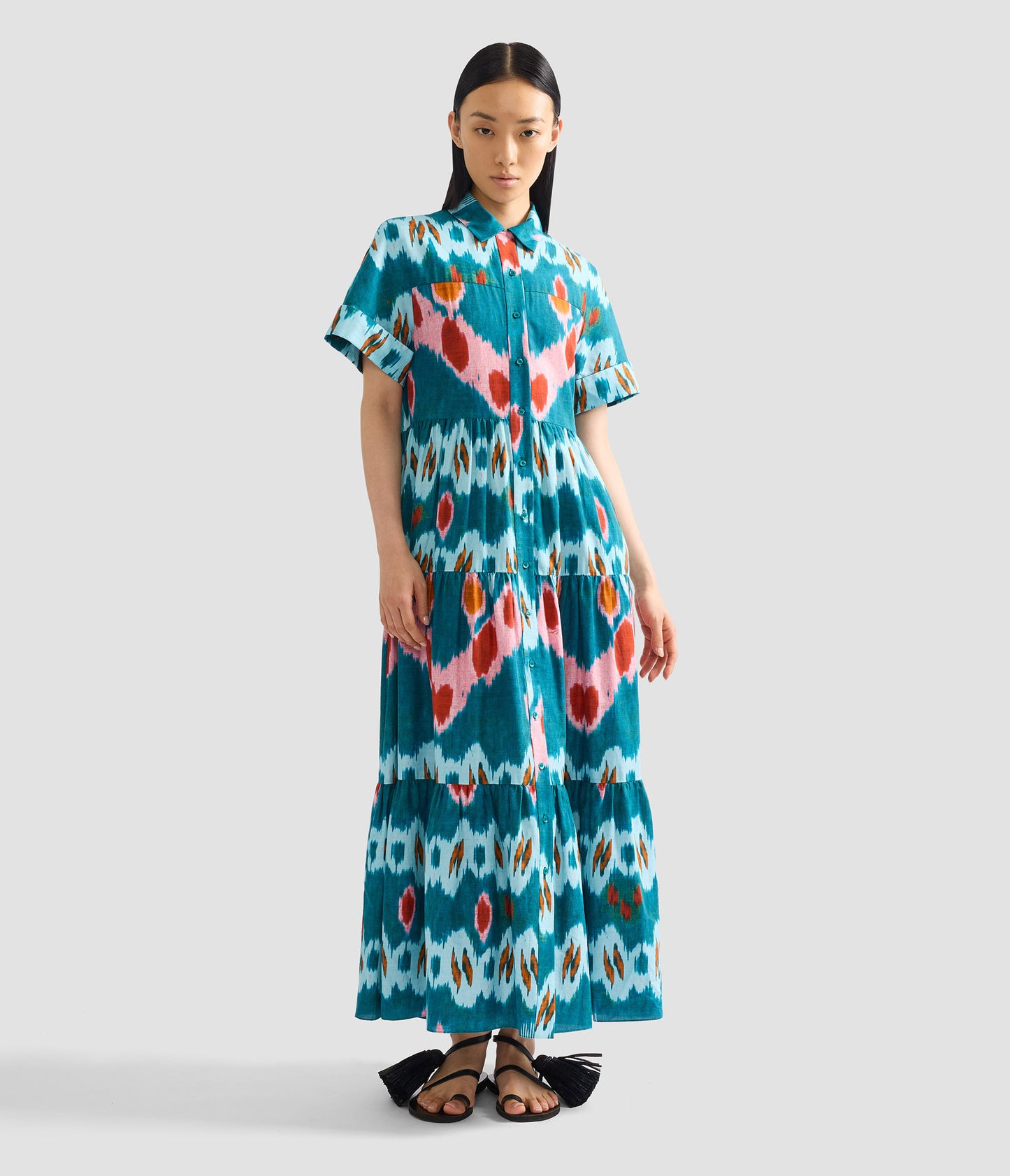 Ikat Print Cotton Tiered Midi Shirt Dress