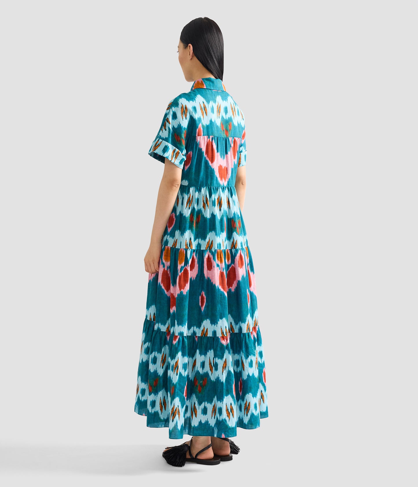 Ikat Print Cotton Tiered Midi Shirt Dress
