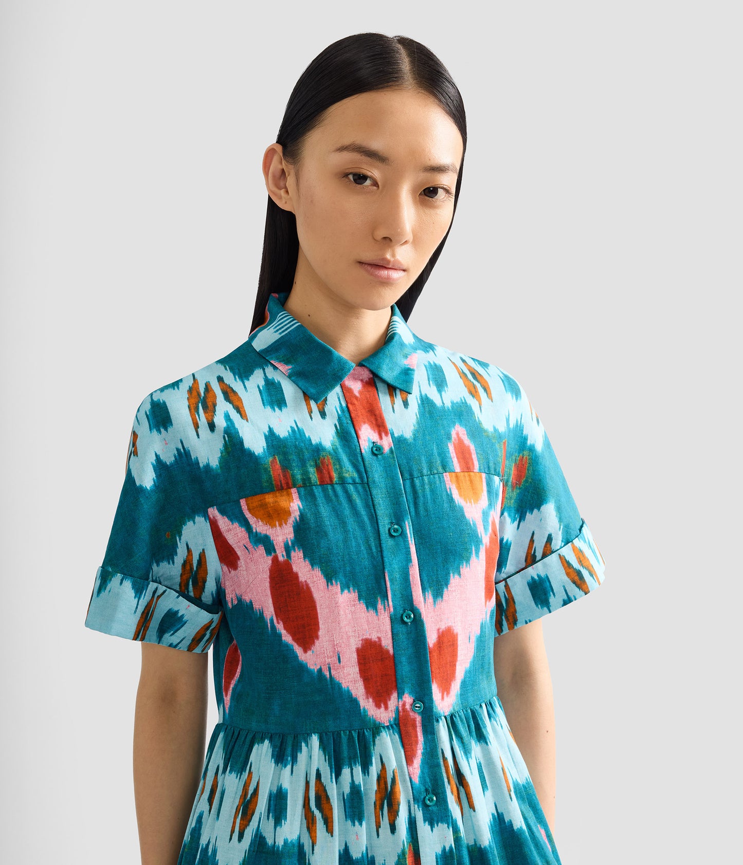 Ikat Print Cotton Tiered Midi Shirt Dress
