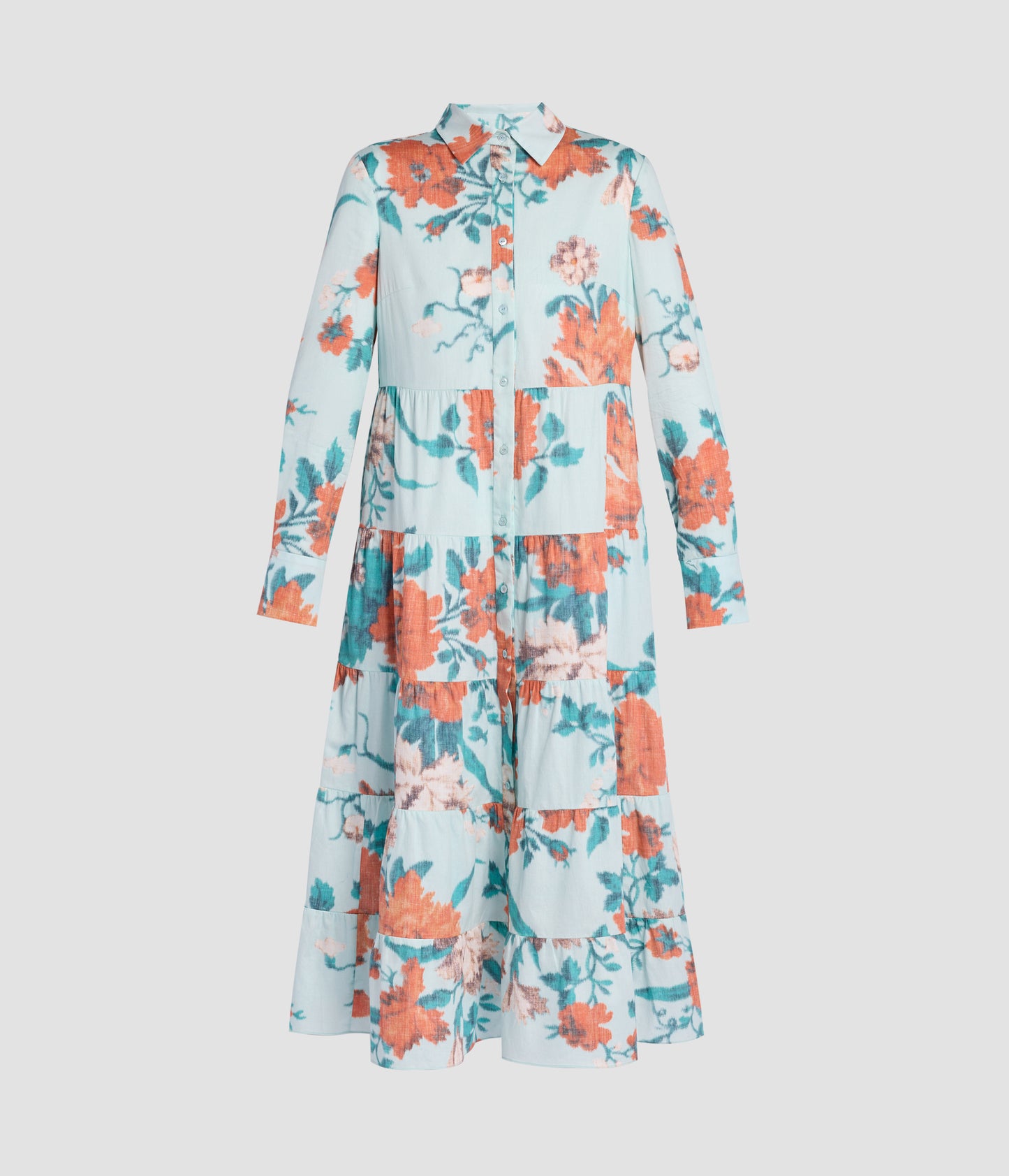 Floral Print Cotton Tiered Midi Shirt Dress