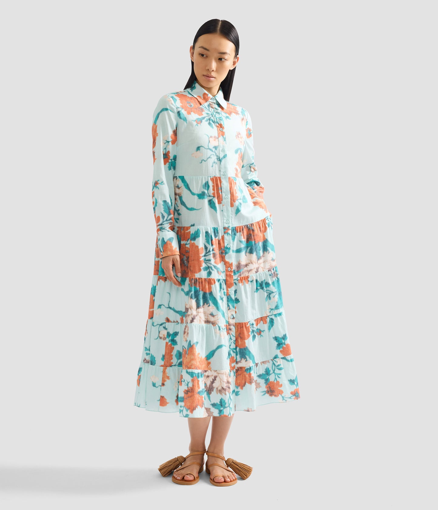 Floral Print Cotton Tiered Midi Shirt Dress